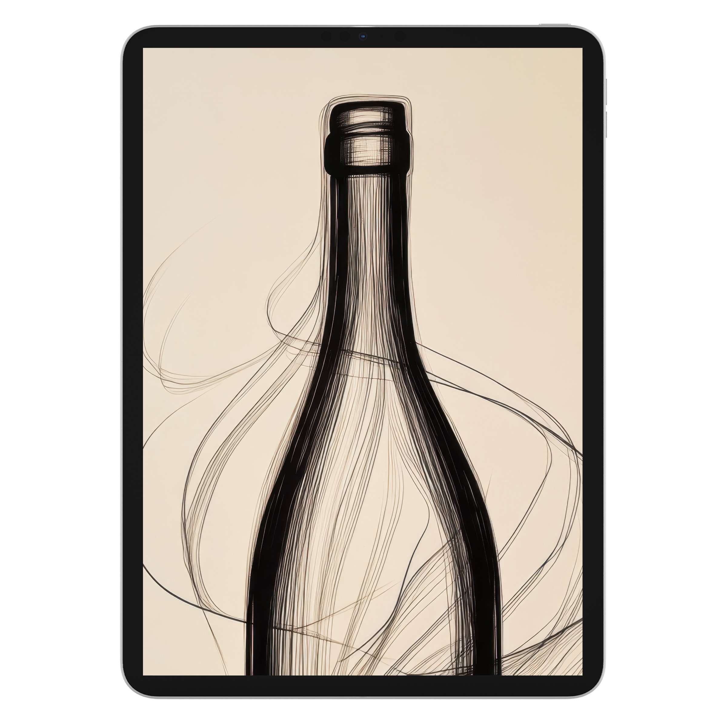 Elegant minimalist iPad wallpaper with abstract black lines forming a bottle on a beige background, perfect digital download for tablet tranquility