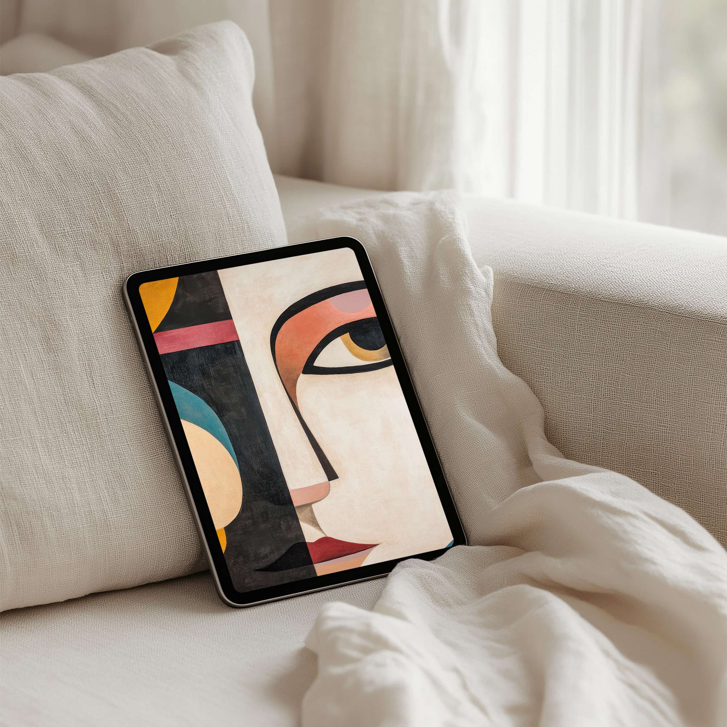 Artistic abstract face on iPad background provides calm inspiration for tablet users seeking elegance and instant download serenity