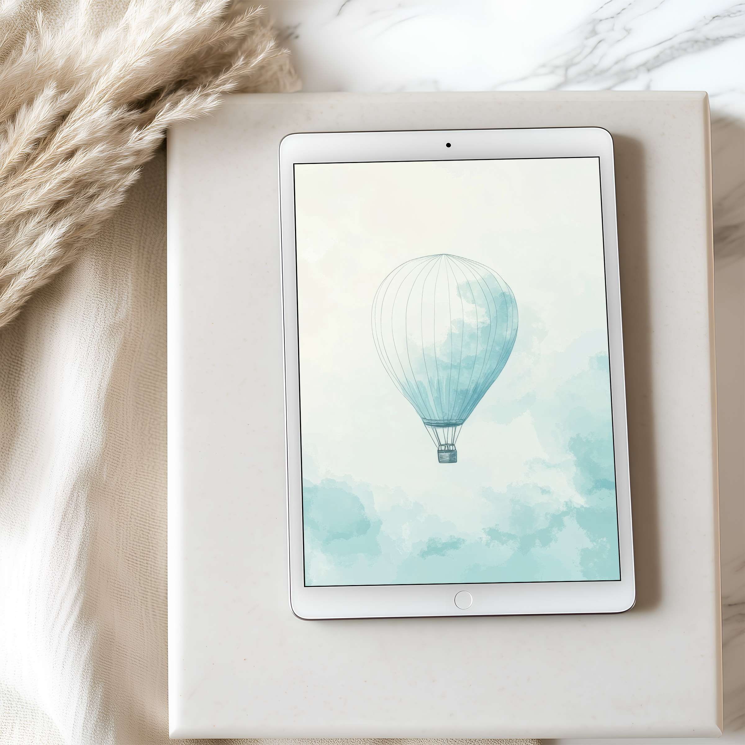 Inspiring tablet wallpaper with a serene watercolor hot air balloon motif in high resolution, perfect for iPad or Android download