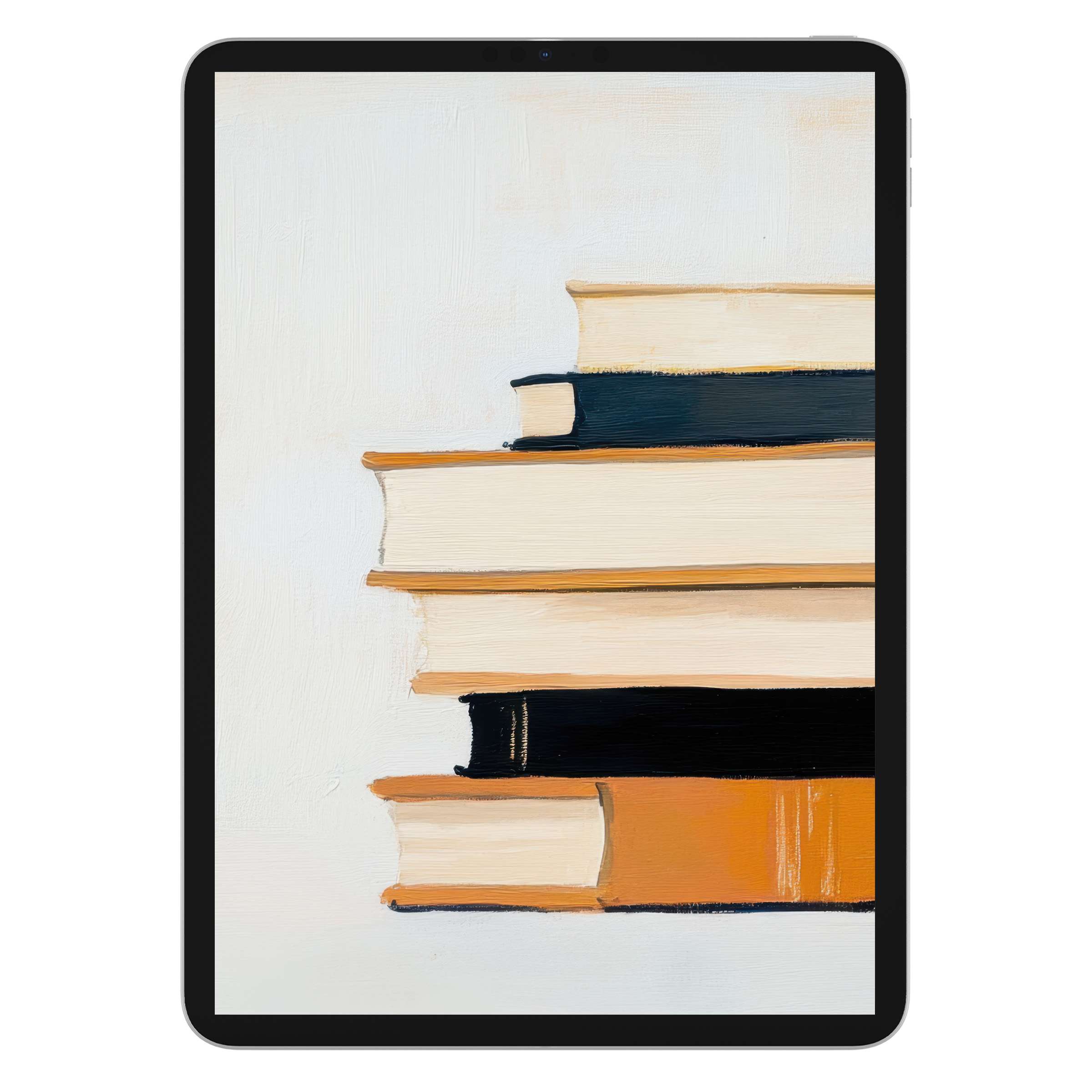 Stack of painted books on a white background in a minimalist iPad wallpaper for elegant digital download suitable for tablets