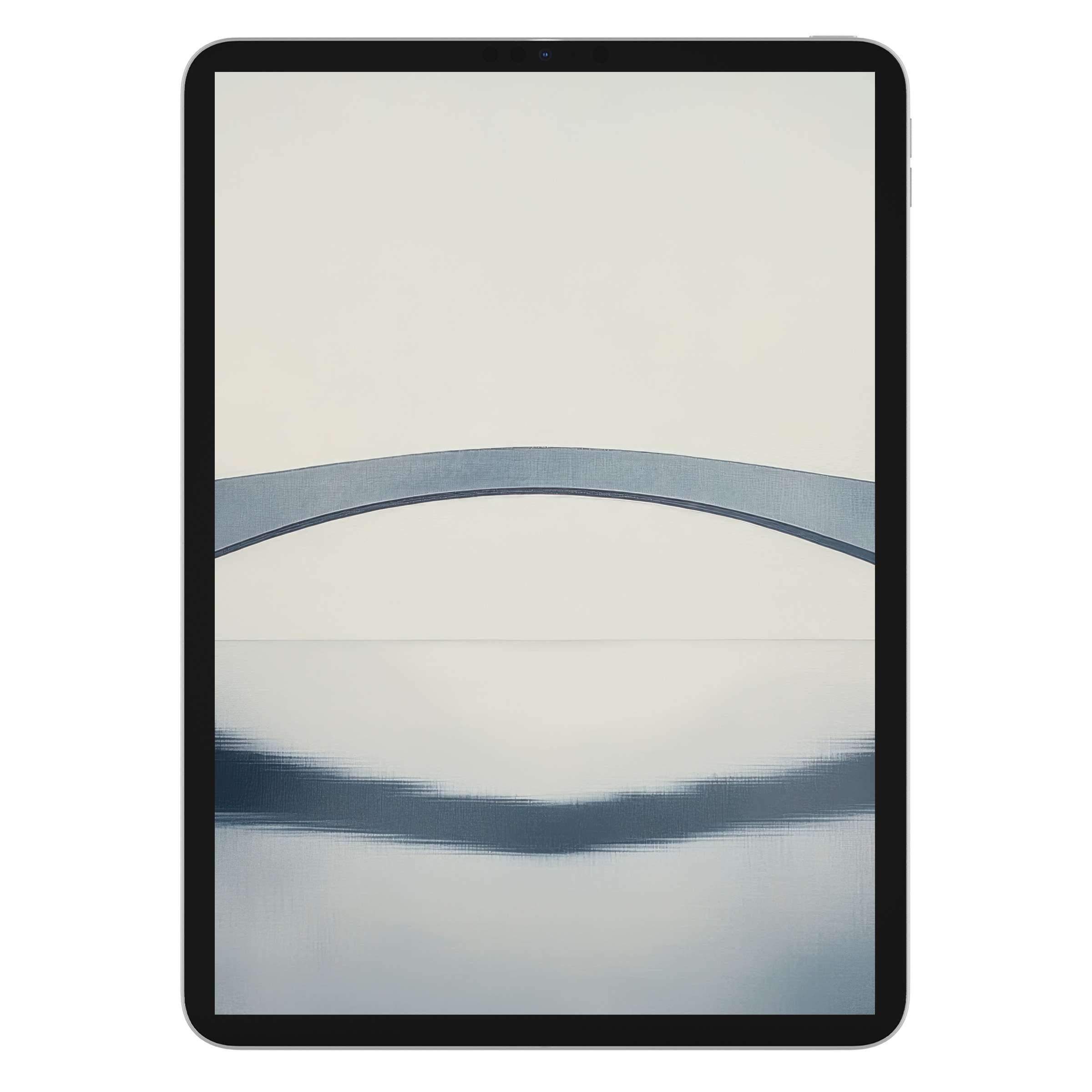 Minimalist iPad wallpaper featuring a serene arc design with muted blues and creams, perfect digital download for elegant tablet backgrounds