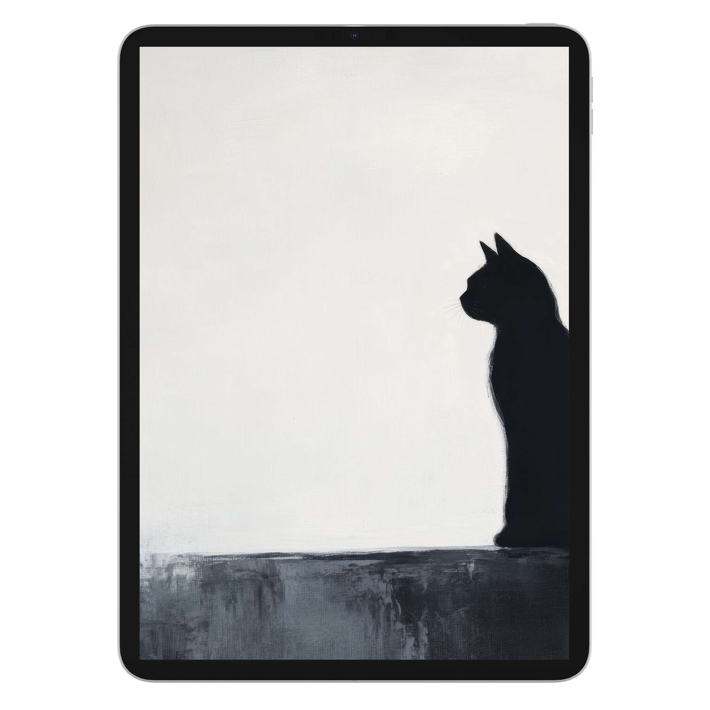 Minimalist iPad wallpaper featuring a silhouette of a cat on a textured gray background for tablet digital download, evoking serenity