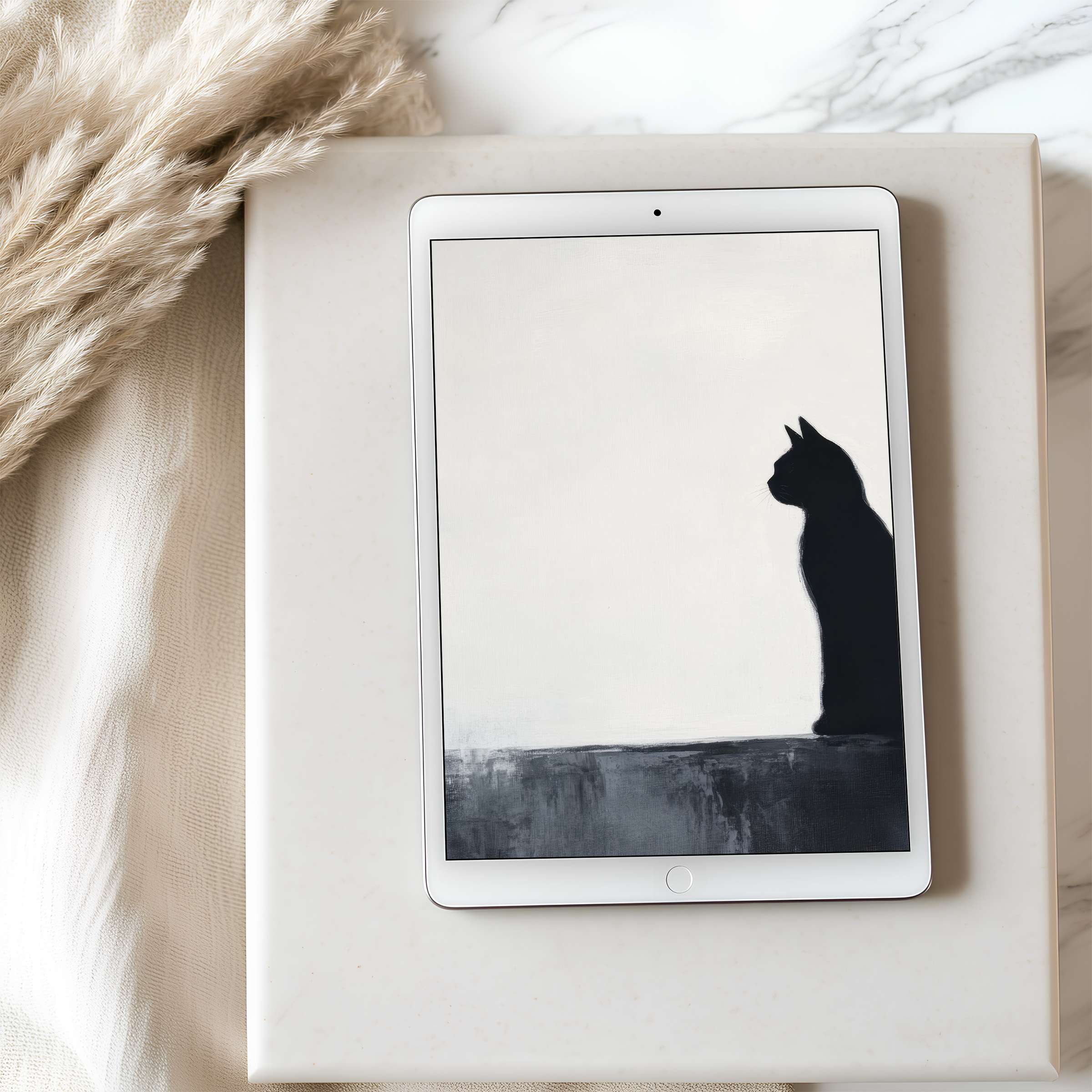 Minimalist black cat silhouette tablet wallpaper exudes calm elegance on iPad, ideal for digital download and Android devices