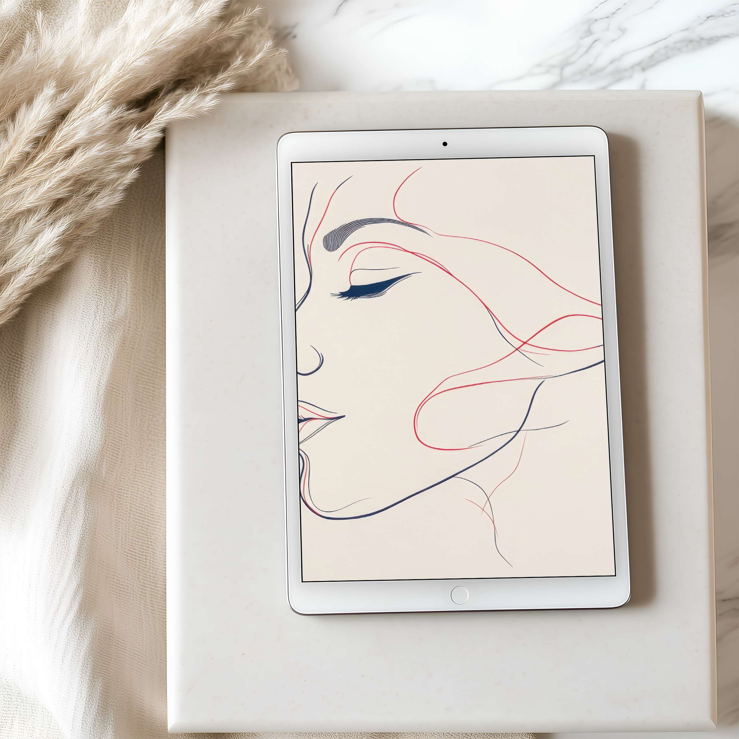 Elegant line art on a beige tablet wallpaper set in a serene interior with soft textures suitable for high resolution iPad download