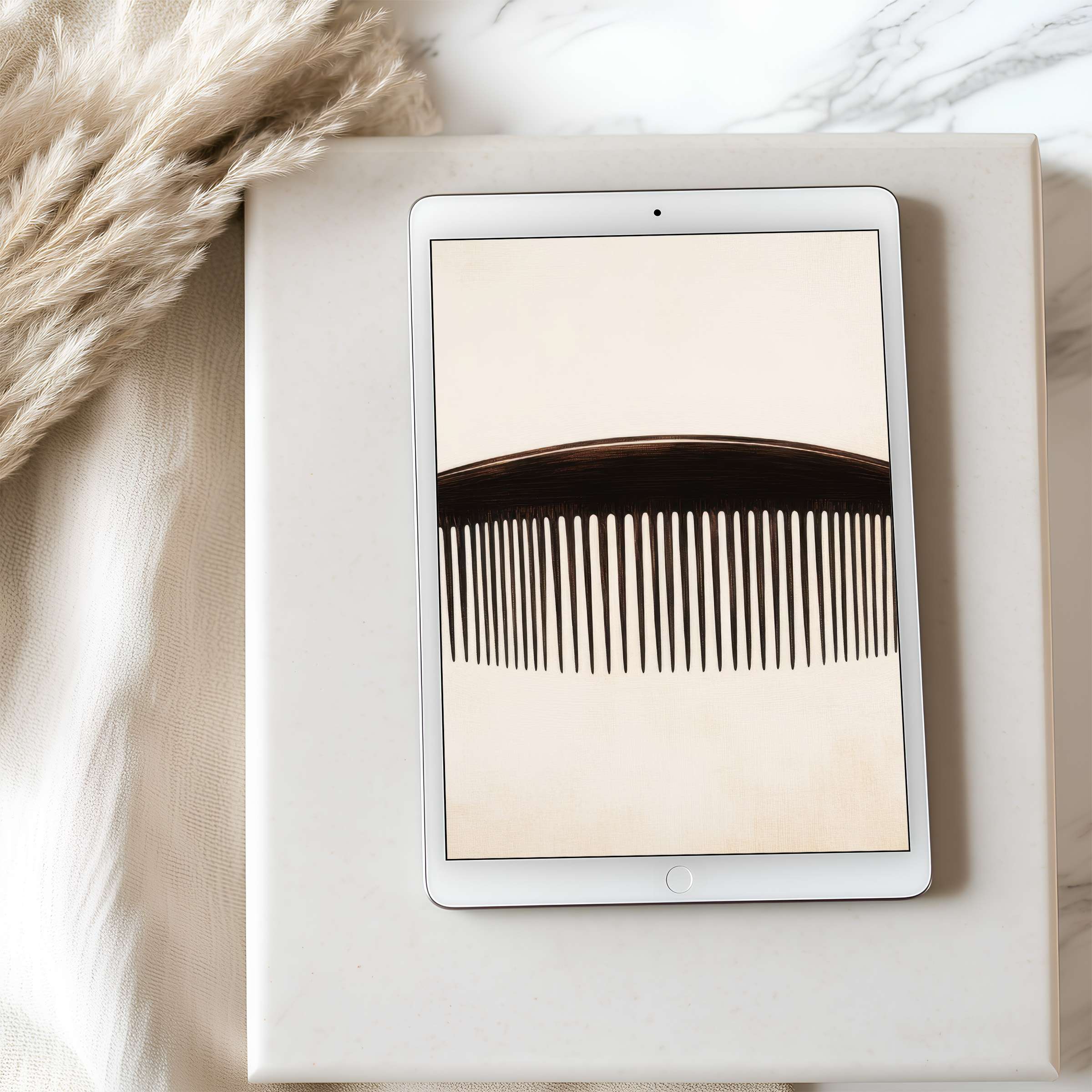 Elegant abstract tablet wallpaper featuring minimalist black comb design on beige backdrop, perfect high-resolution digital download for iPad and Android tablets
