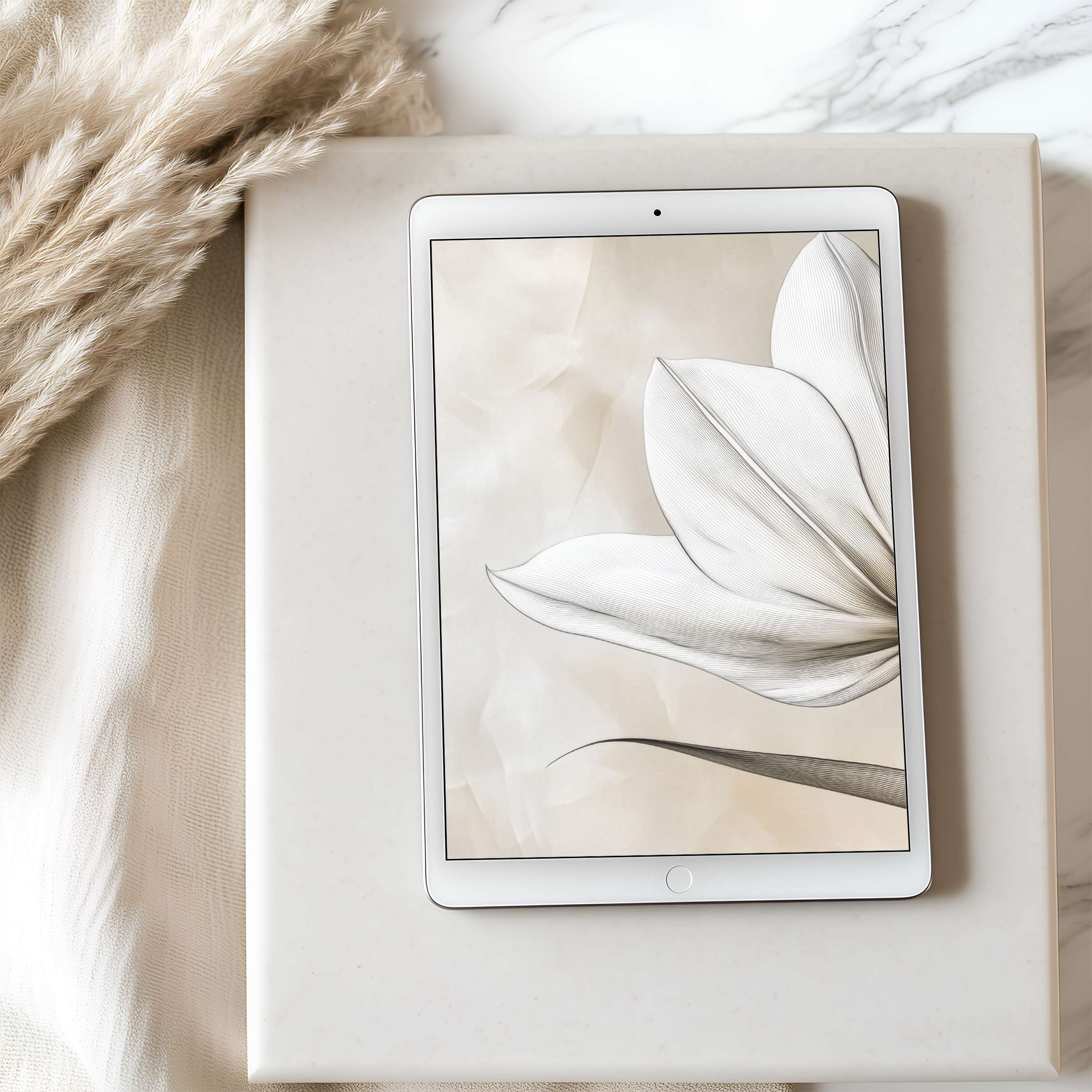 Elegant tablet wallpaper featuring a serene, minimalist flower motif in soft neutrals, perfect for high resolution iPad download