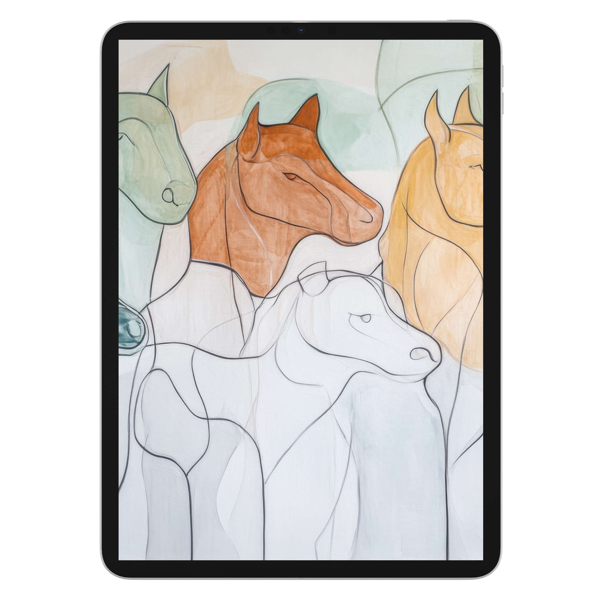Elegant minimalist iPad wallpaper featuring abstract horse outlines with earthy tones, perfect digital download for tablet backgrounds