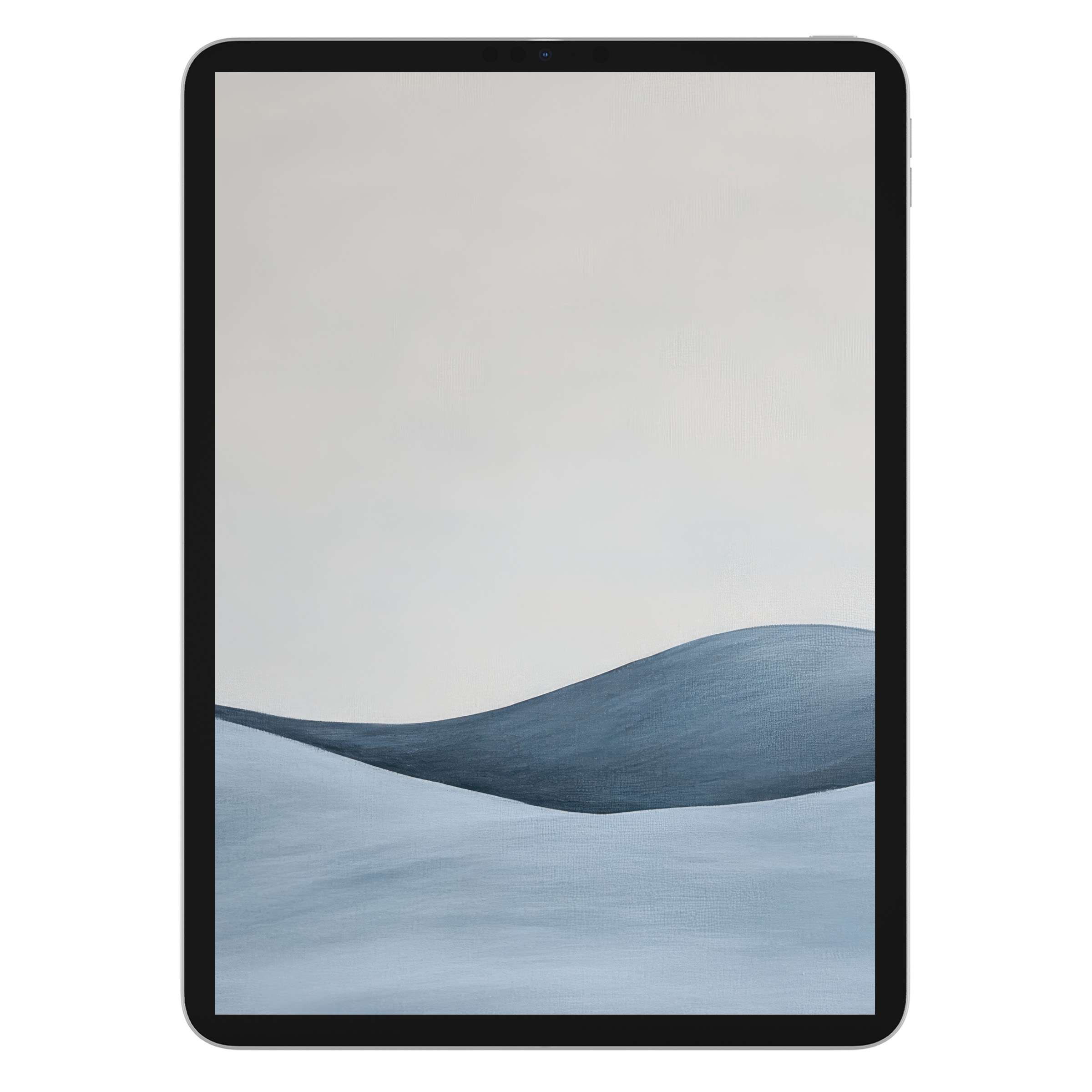 Calming minimalist iPad wallpaper with blue-grey abstract hills offers elegance in digital download for any tablet background setting