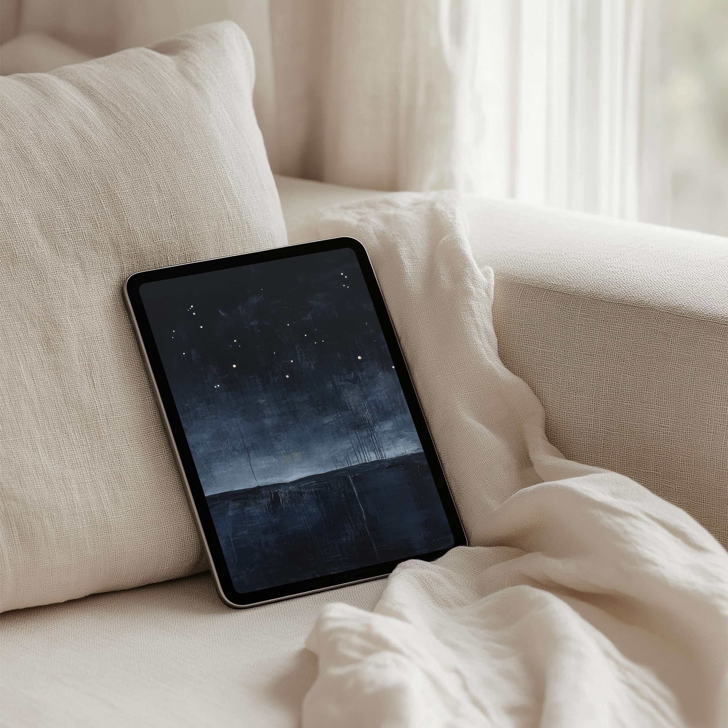 Elegant iPad background featuring a serene night sky painting evokes calm and mindfulness perfect for tablet instant download