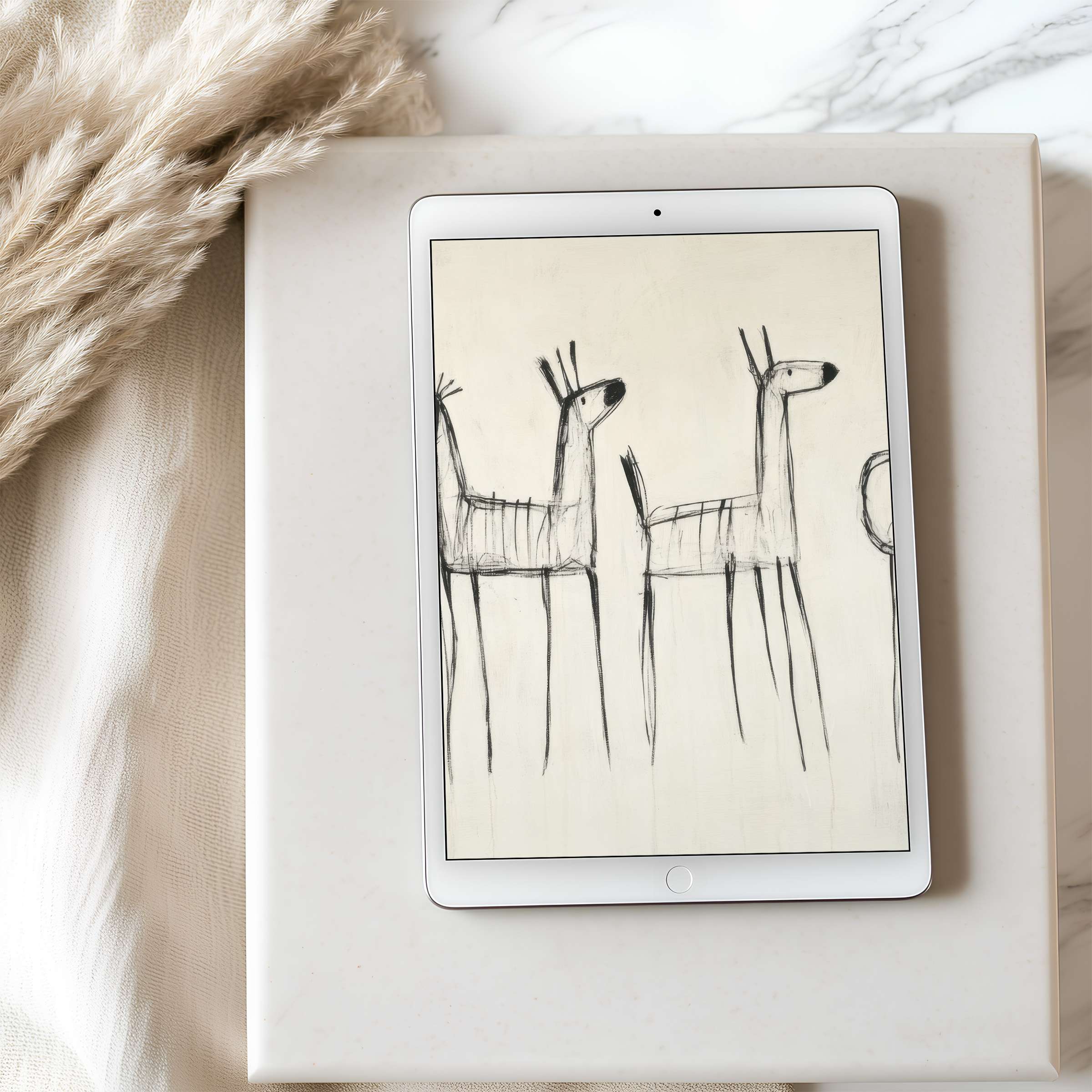 Neutral tones and abstract deer sketch create an elegant tablet wallpaper for high-resolution iPad, enhancing a tranquil digital ambiance