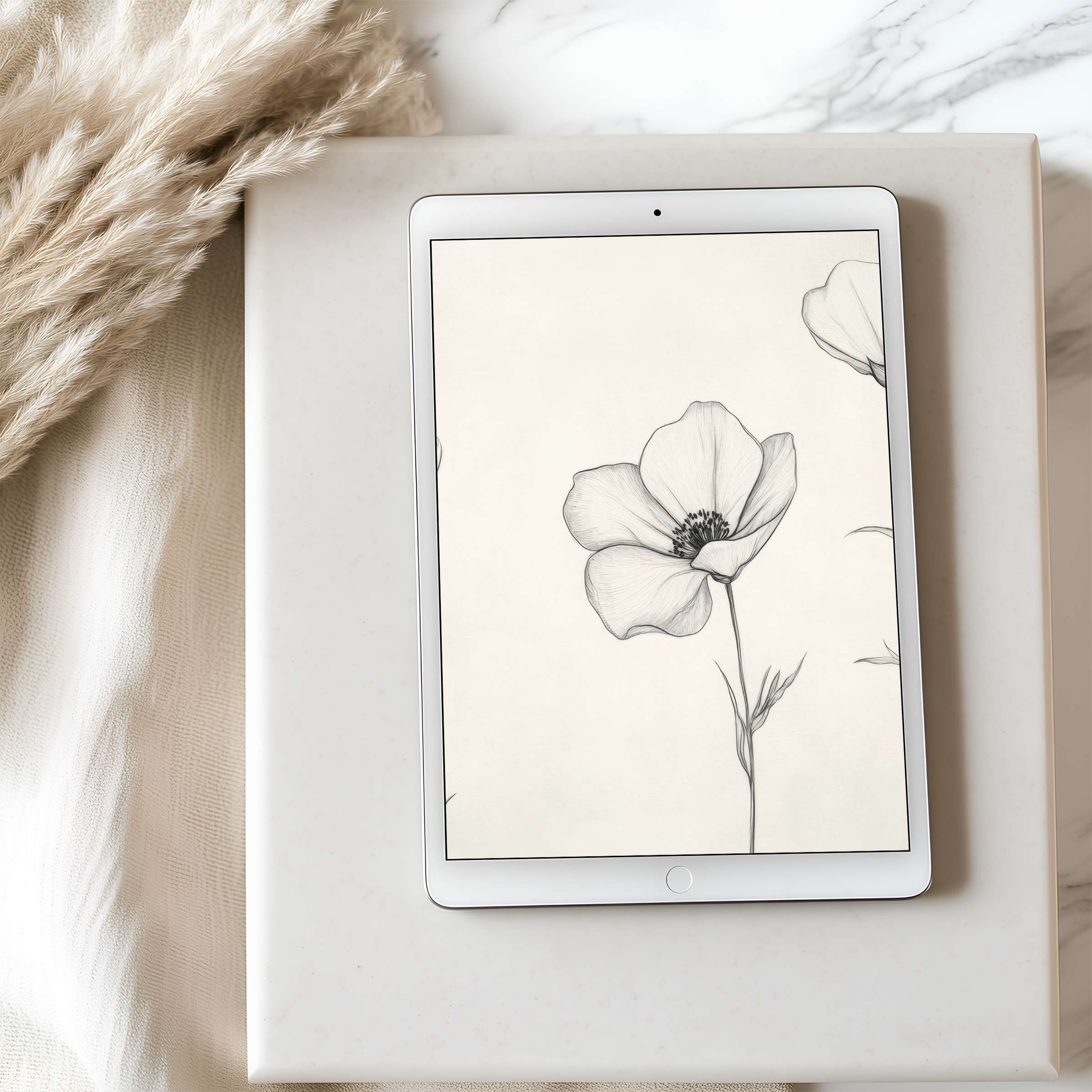 Elegant floral sketch on high-resolution tablet wallpaper enhances calm interiors, perfect for iPad and Android tablet downloads