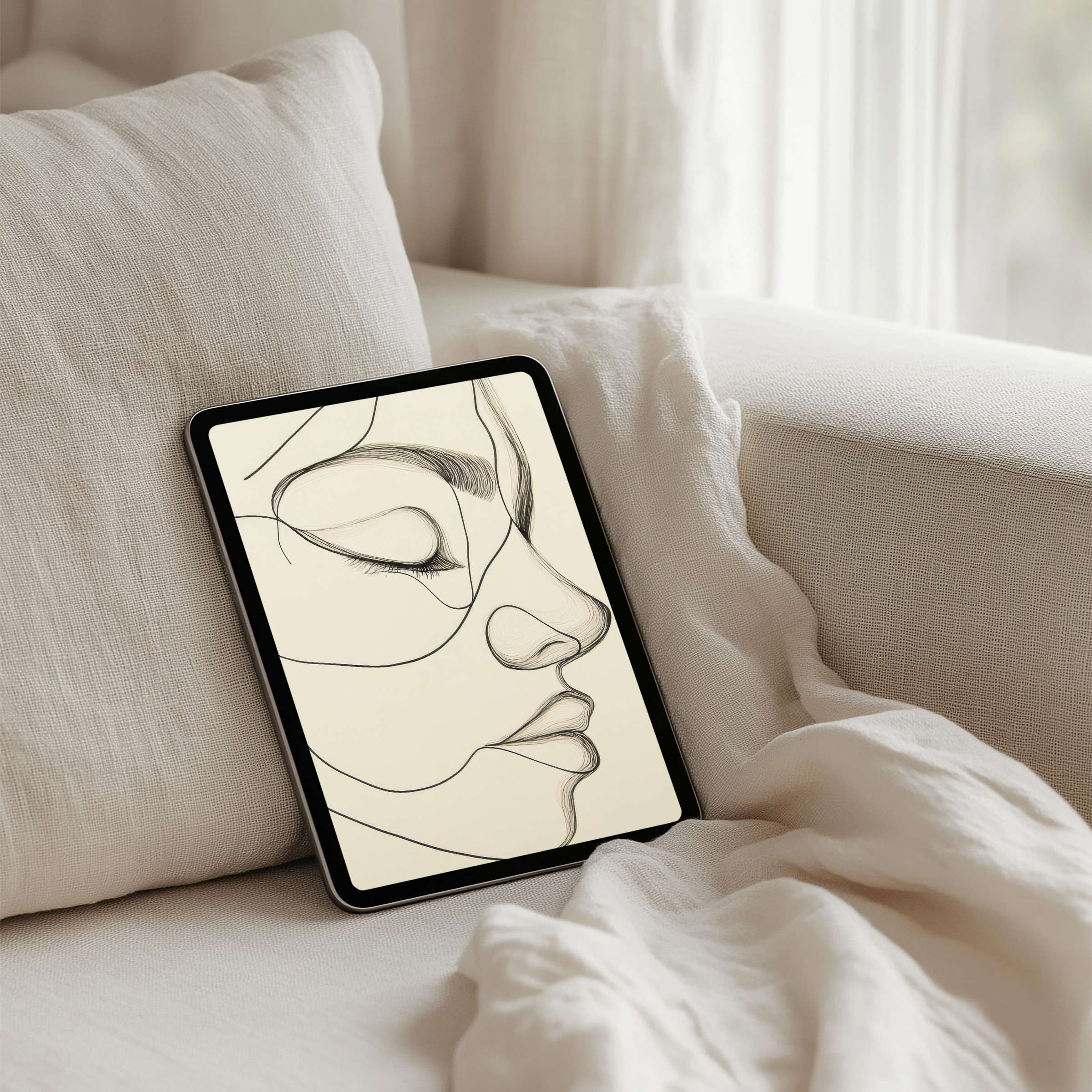 Elegant line art on a calm beige iPad background evokes mindfulness, perfect for tablet users seeking instant download tranquility