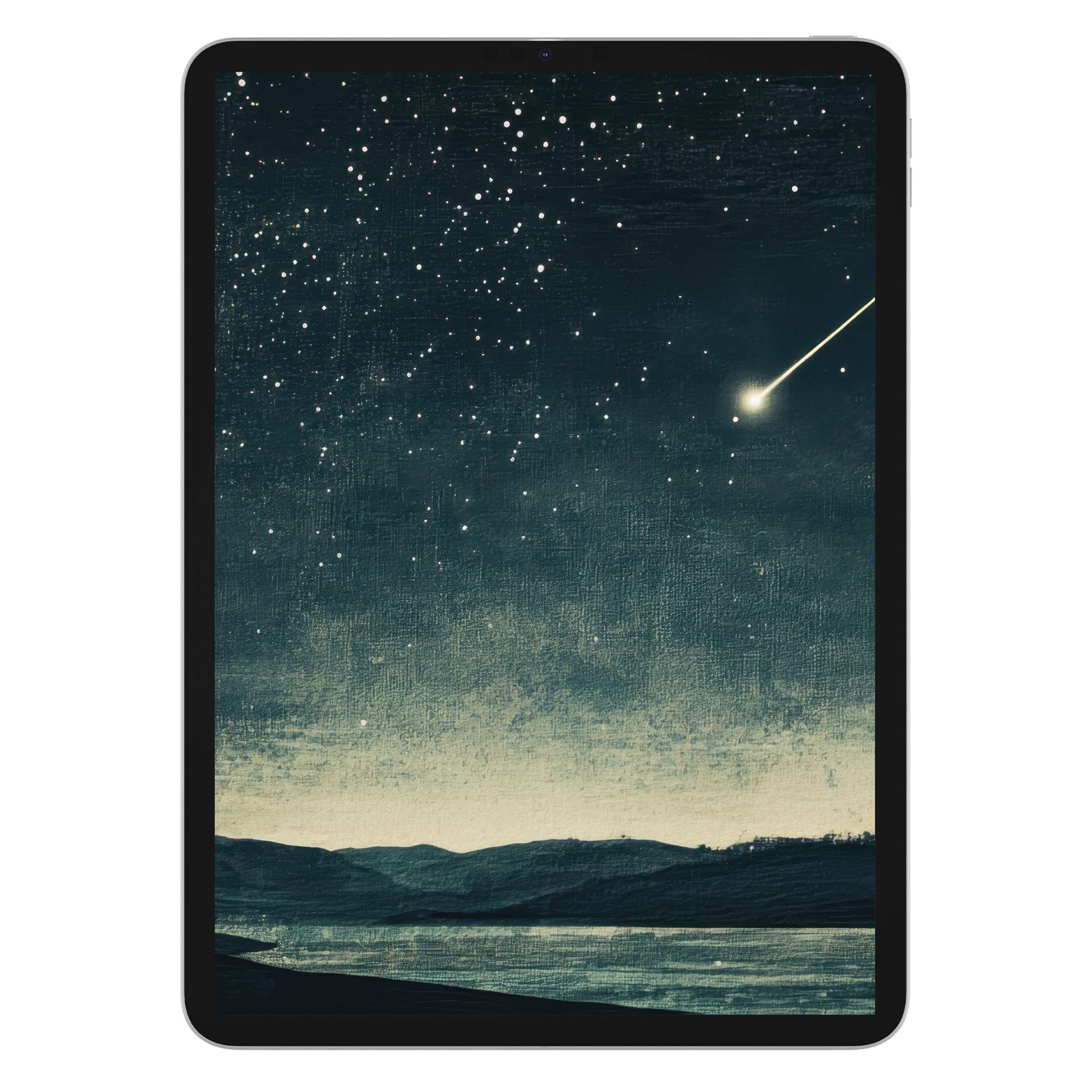 Minimalist iPad wallpaper featuring serene night sky with shooting star, perfect digital download for tablet background elegance