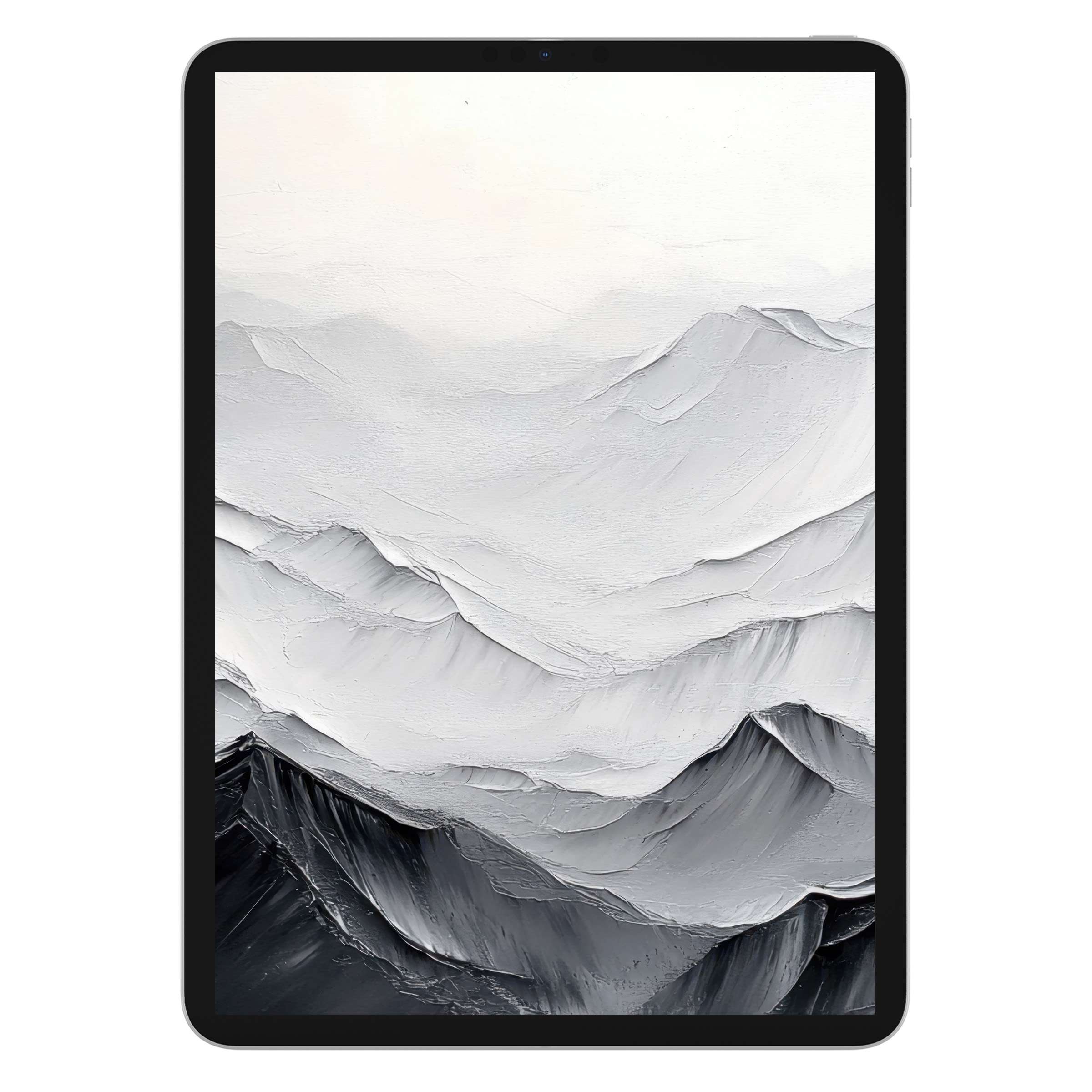 Dreamy minimalist iPad wallpaper featuring textured grayscale mountain range for a calm, inspiring digital download tablet background