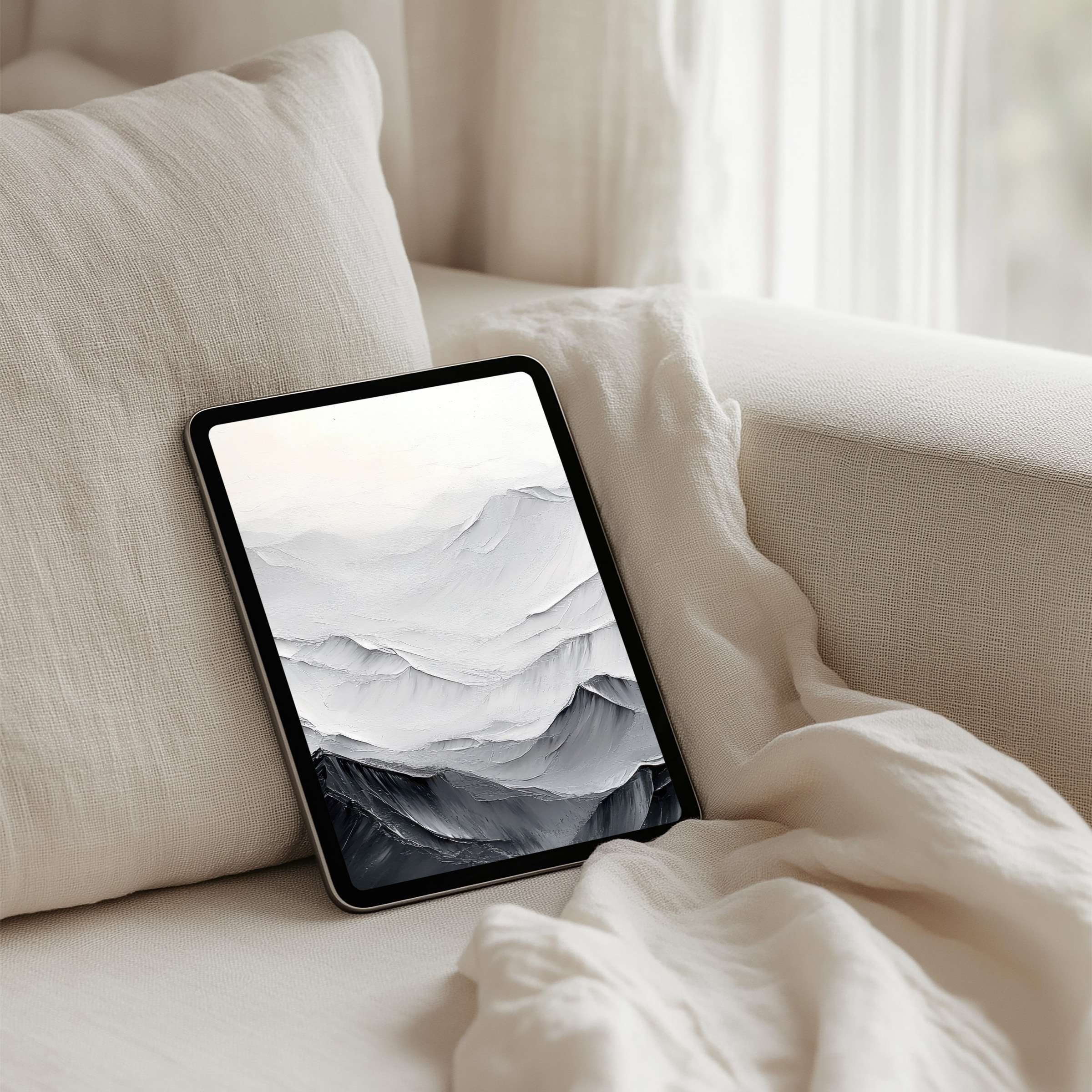 Elegant iPad background featuring serene black and white mountains for instant download fits any tablet enhancing calm and mindfulness