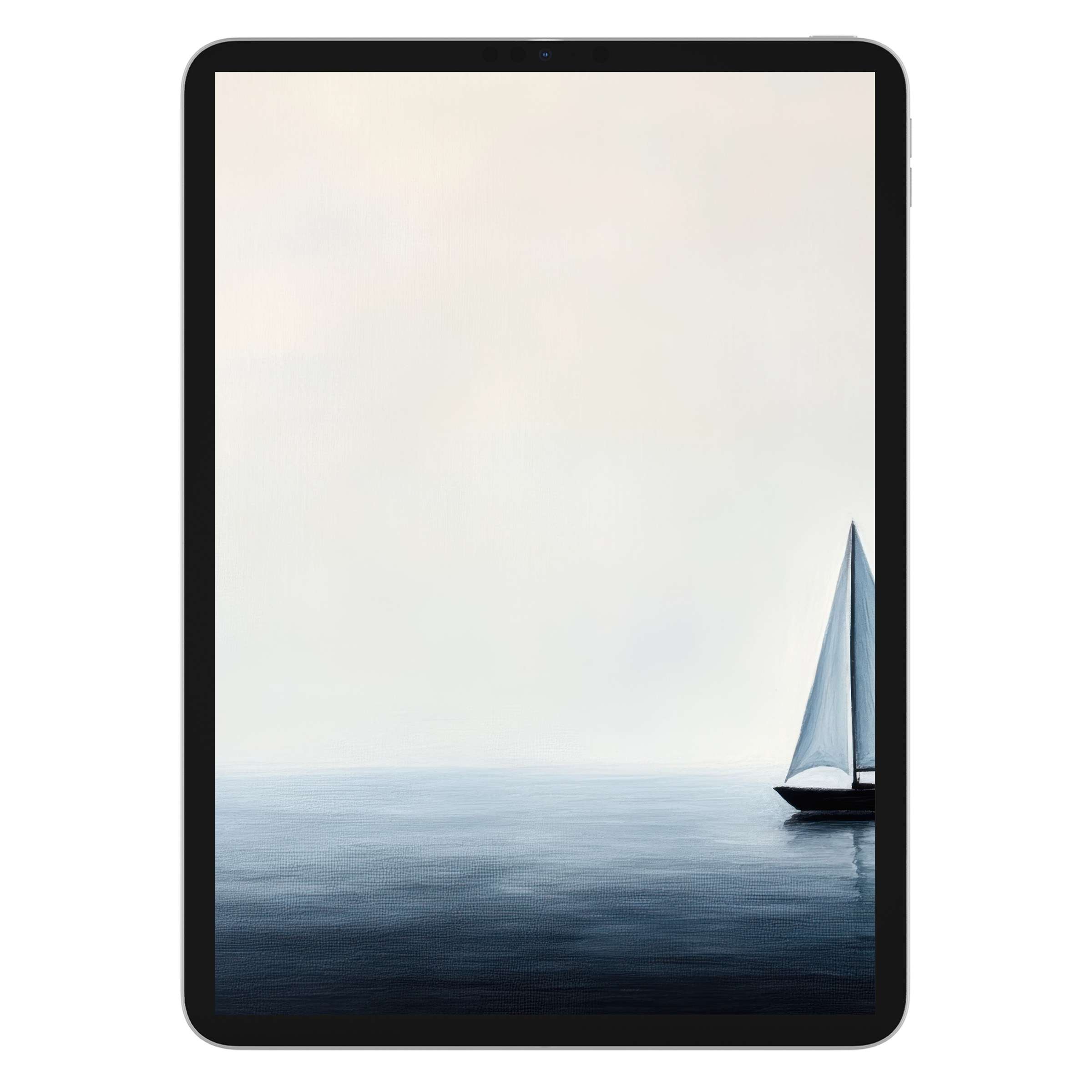 Elegant minimalist iPad wallpaper featuring serene ocean and sailboat, perfect digital download background for all tablets, calming style