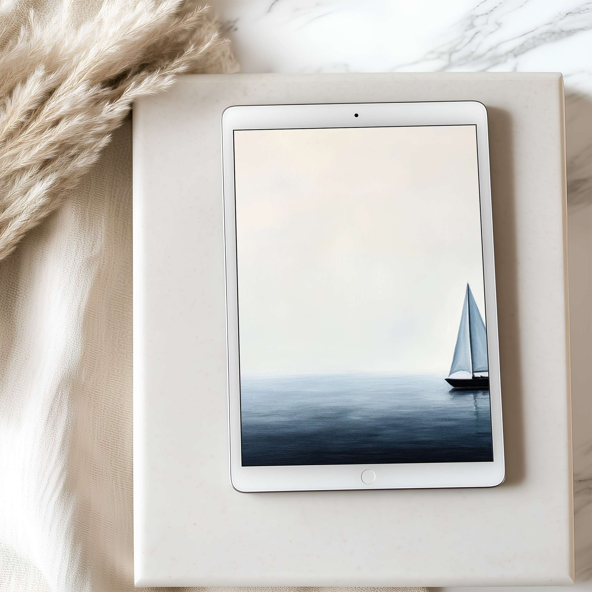Elegant tablet wallpaper featuring a serene sailboat painting on calming ocean hues, perfect for high-resolution iPad digital download