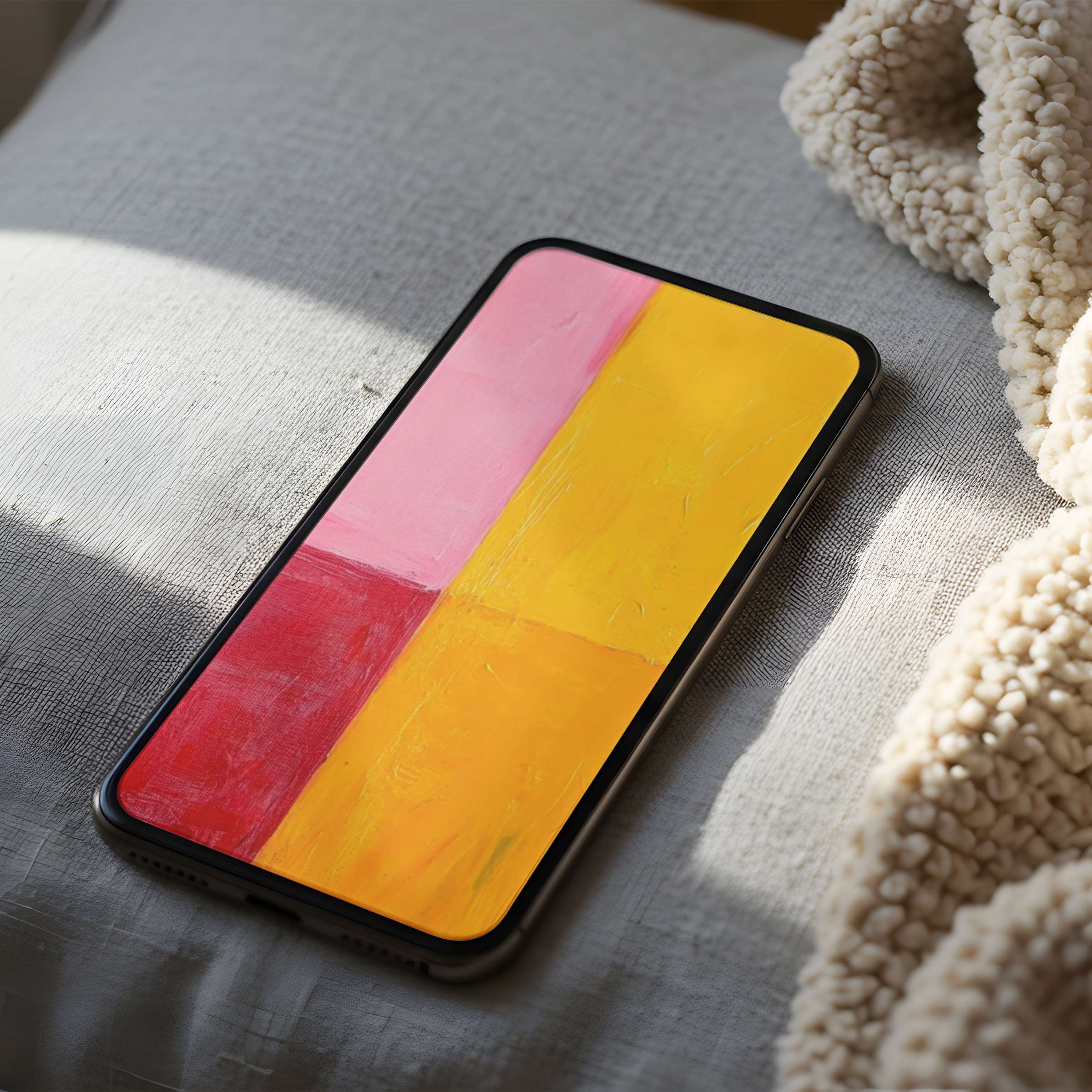 Vibrant abstract phone wallpaper with pink and yellow hues on a serene linen backdrop suitable for iPhone and Android digital download