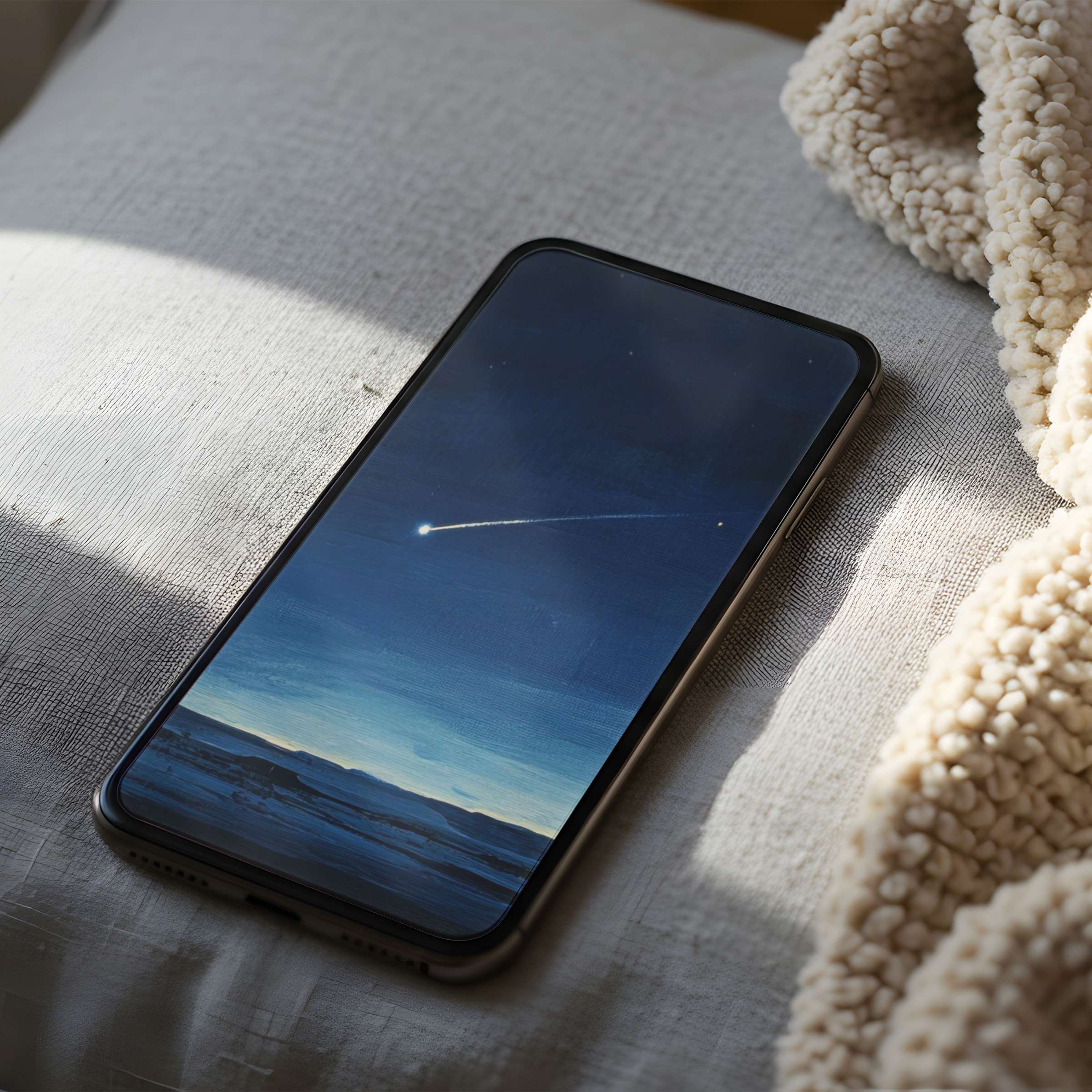 High-resolution phone wallpaper with a serene night sky and shooting star motif, ideal for iPhone and Android, digital download for tranquil elegance