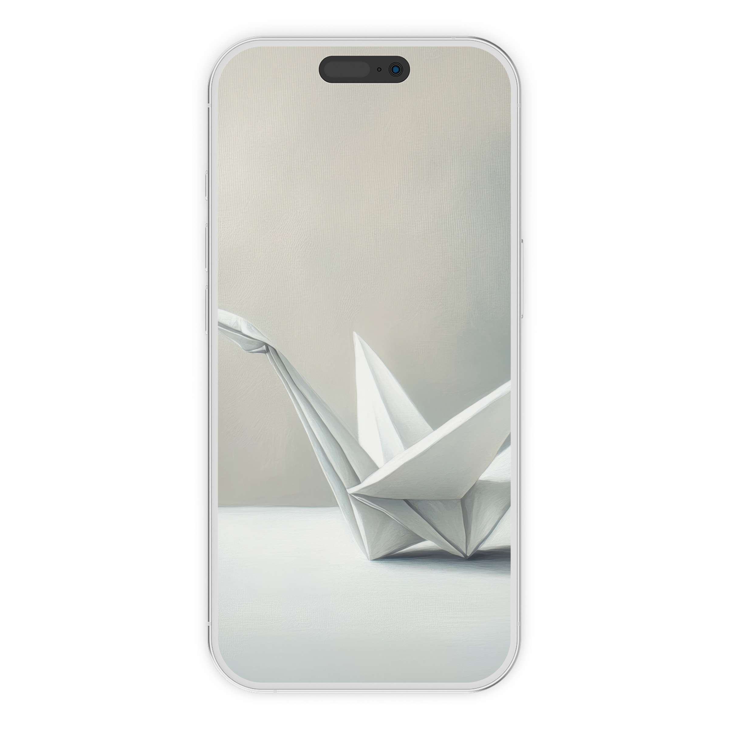 Minimalist iPhone wallpaper featuring serene origami crane art in soft grays perfect for phone background digital download tranquility