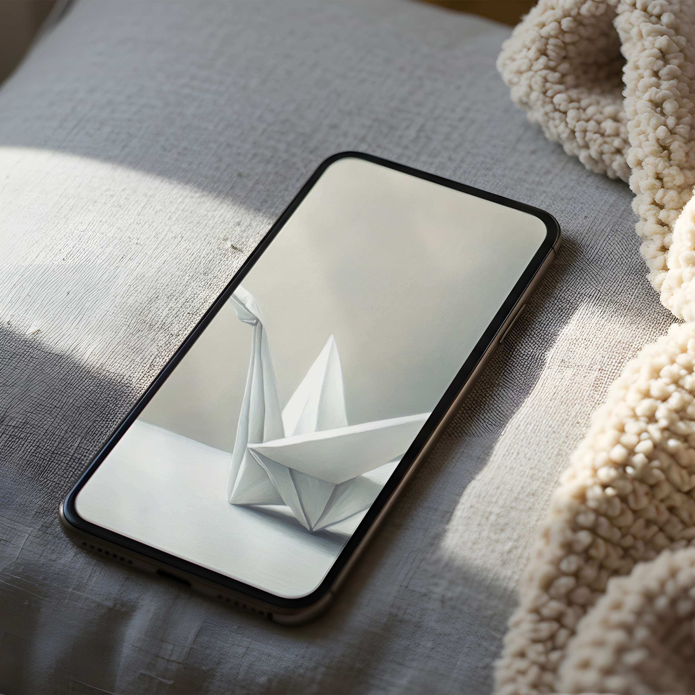 Elegant phone wallpaper featuring serene origami crane art in soft neutrals, perfect for iPhone high resolution digital download