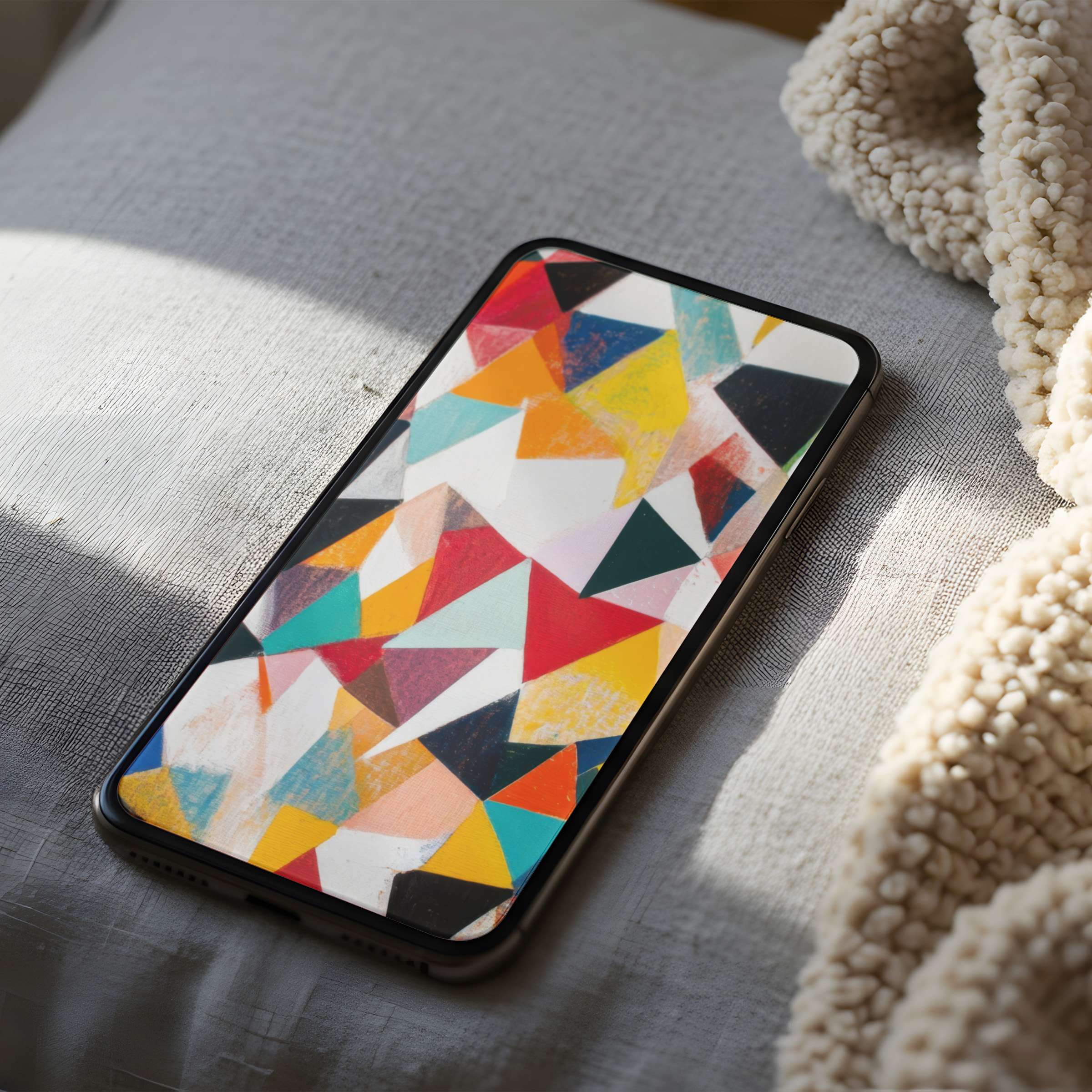 Vibrant geometric phone wallpaper in high resolution on a cozy bed, perfect for iPhone and Android, enhancing tranquility and style