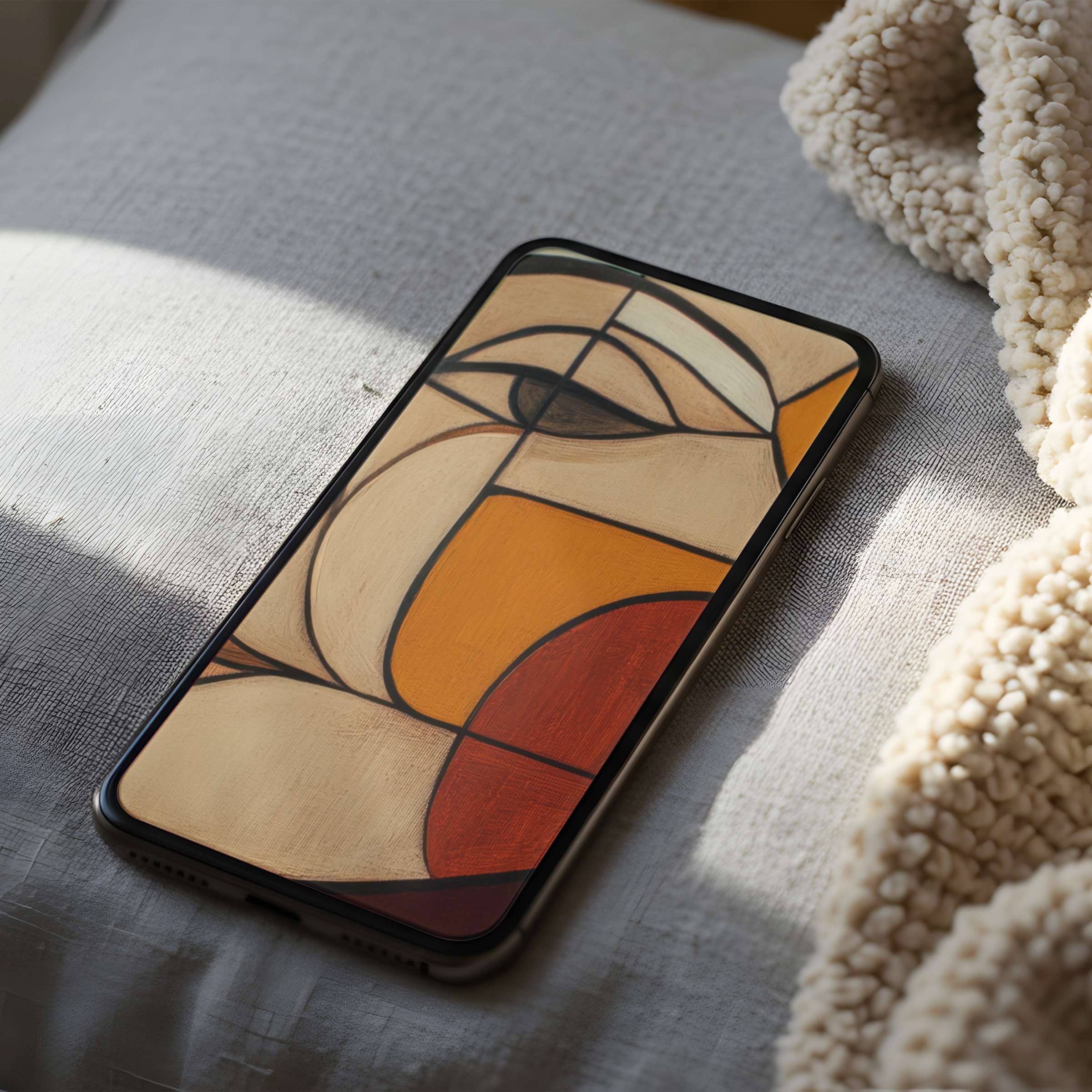 Serene abstract motif phone wallpaper in warm earth tones, perfect for iPhone or Android, offers a calm digital download experience
