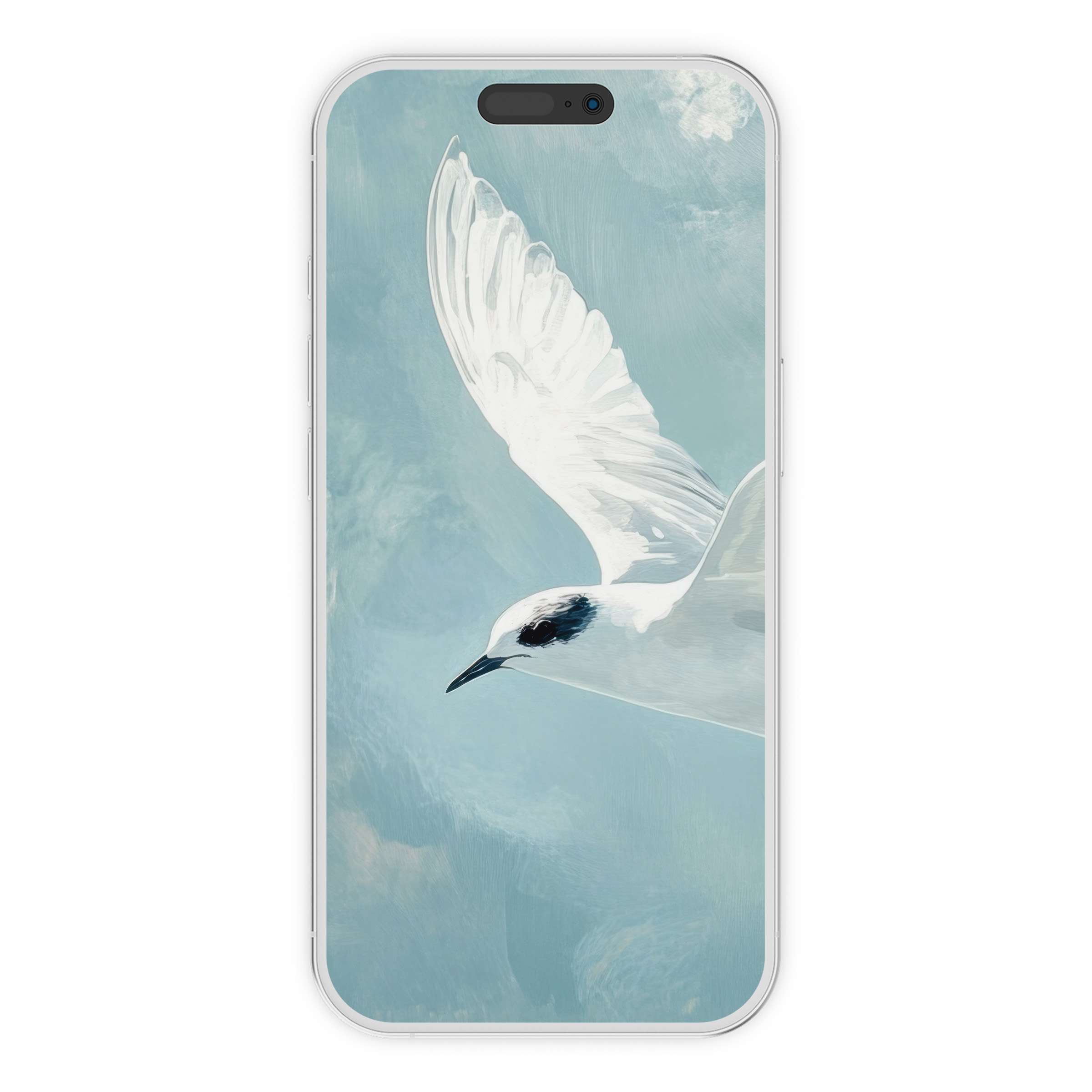 Minimalist iPhone wallpaper featuring a serene white bird on a light blue background digital download for peaceful phone art