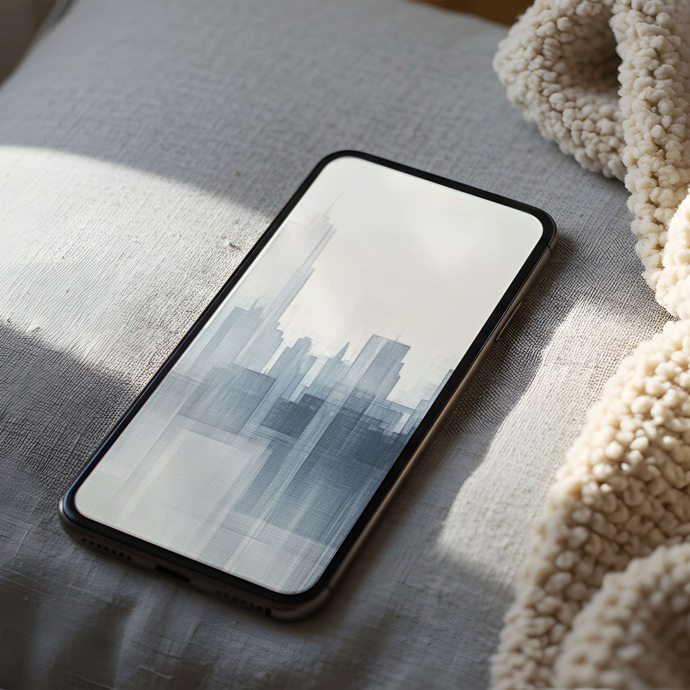 Elegant phone wallpaper featuring serene abstract cityscape in soft hues ideal for iPhone or Android digital download