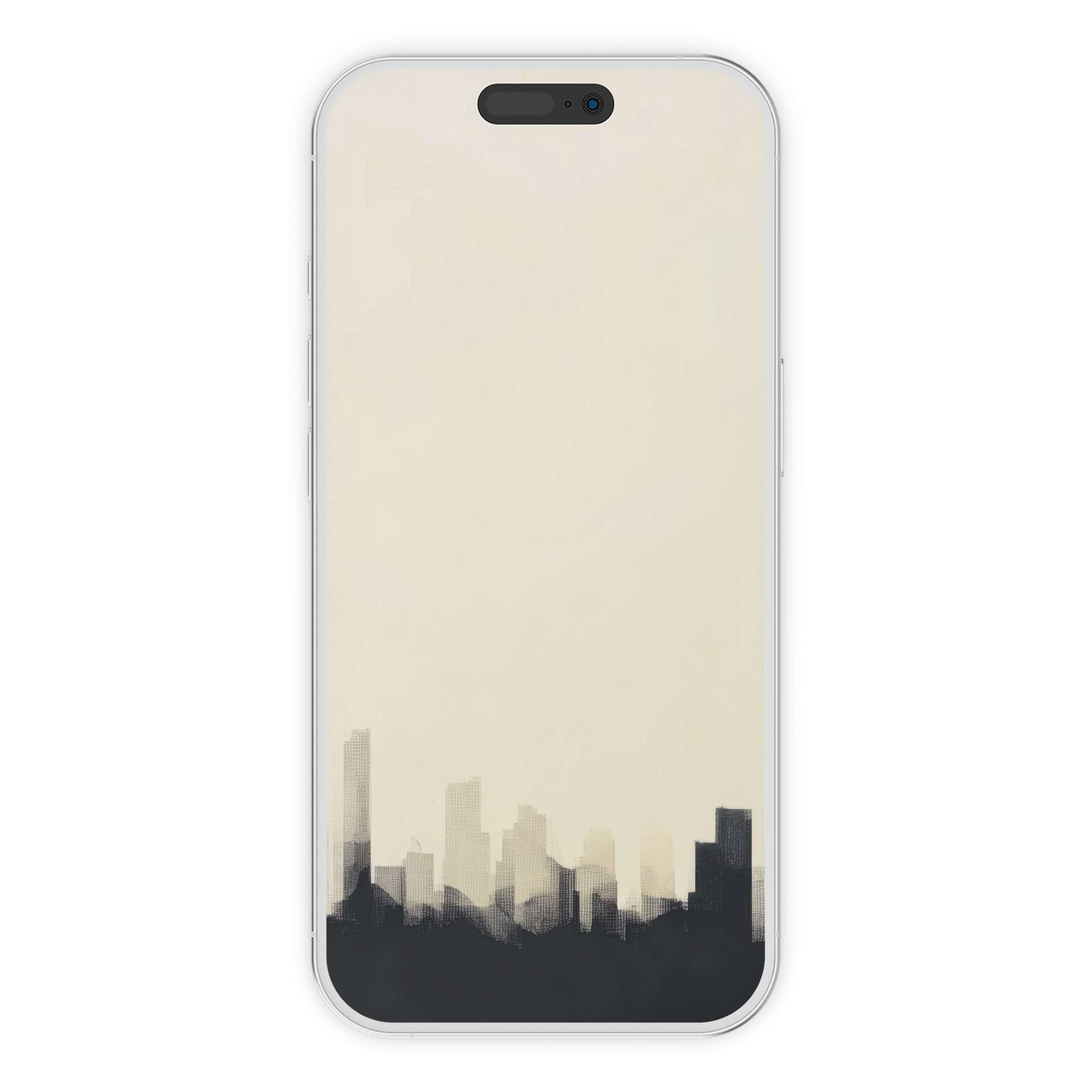 Minimalist iPhone wallpaper featuring a serene cityscape silhouette on beige background for a calming digital download phone art
