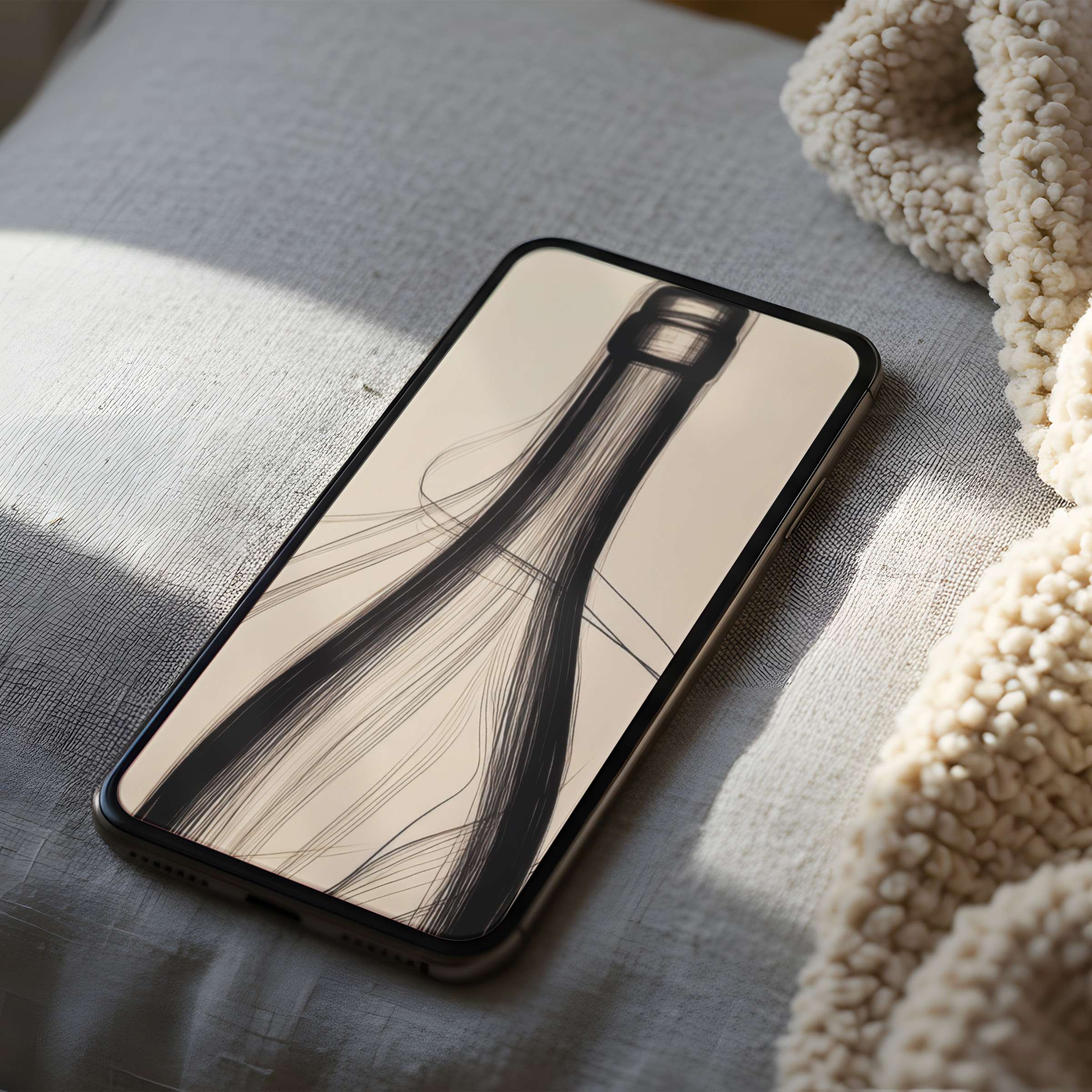 Elegant line art of a bottle creates a serene phone wallpaper on a high-resolution device, perfect for digital download