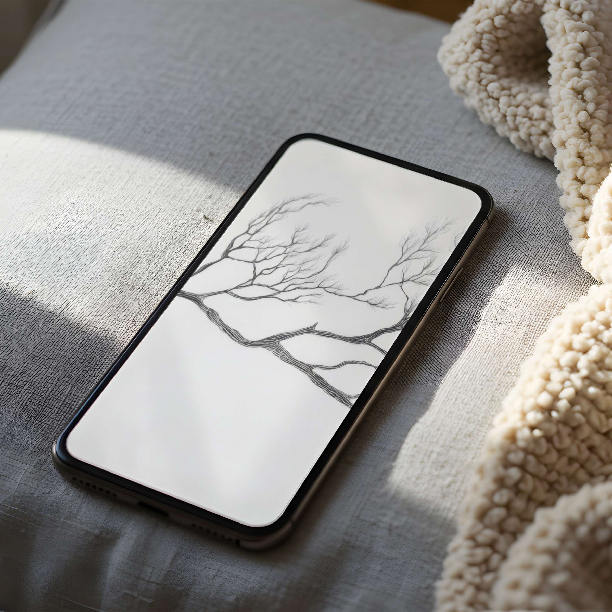 Elegant monochrome branch sketch phone wallpaper on a serene surface enhances calm aesthetics, suitable for iPhone and Android download