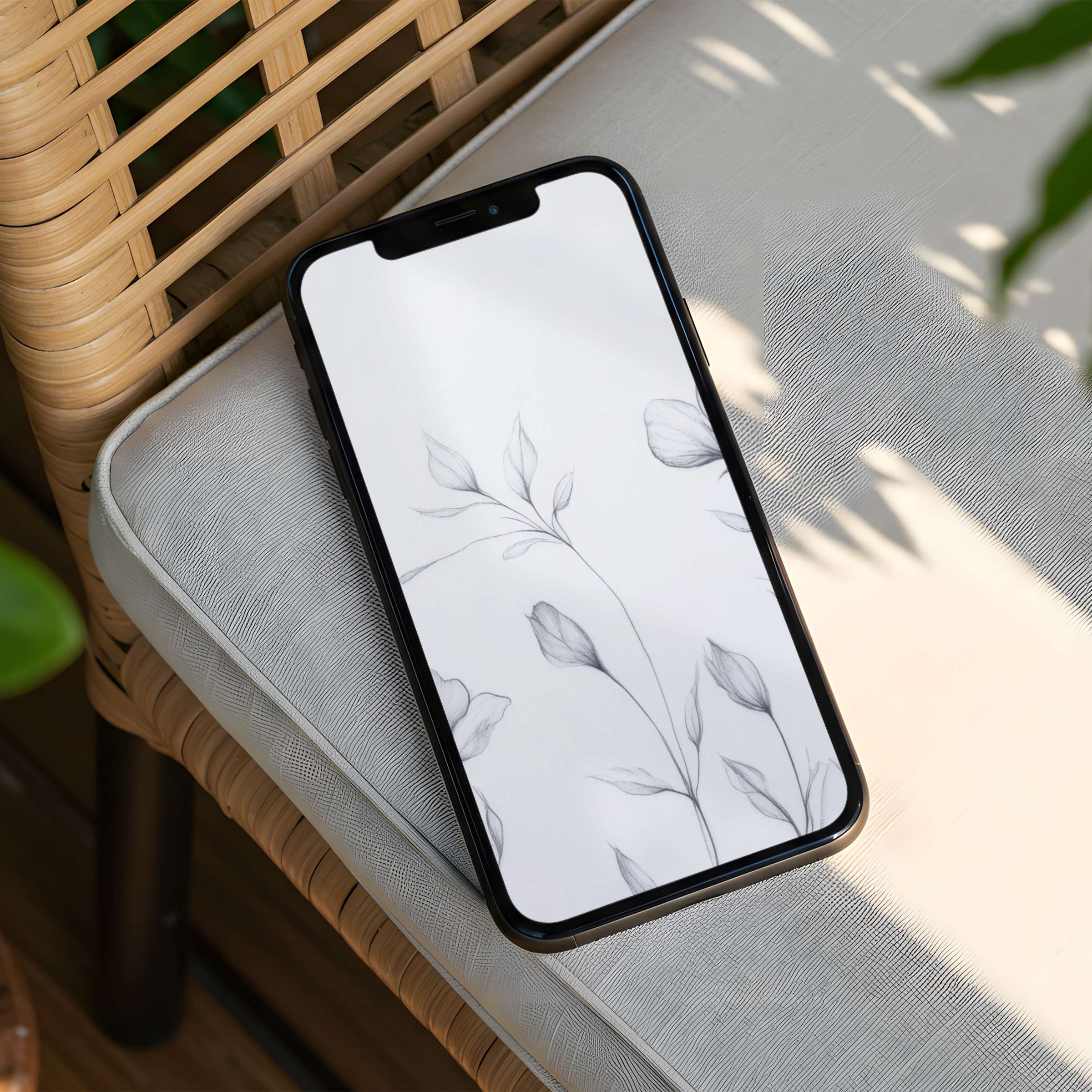 Elegant botanical sketch iPhone background on a woven chair offers calm inspiration, instant download for any phone display