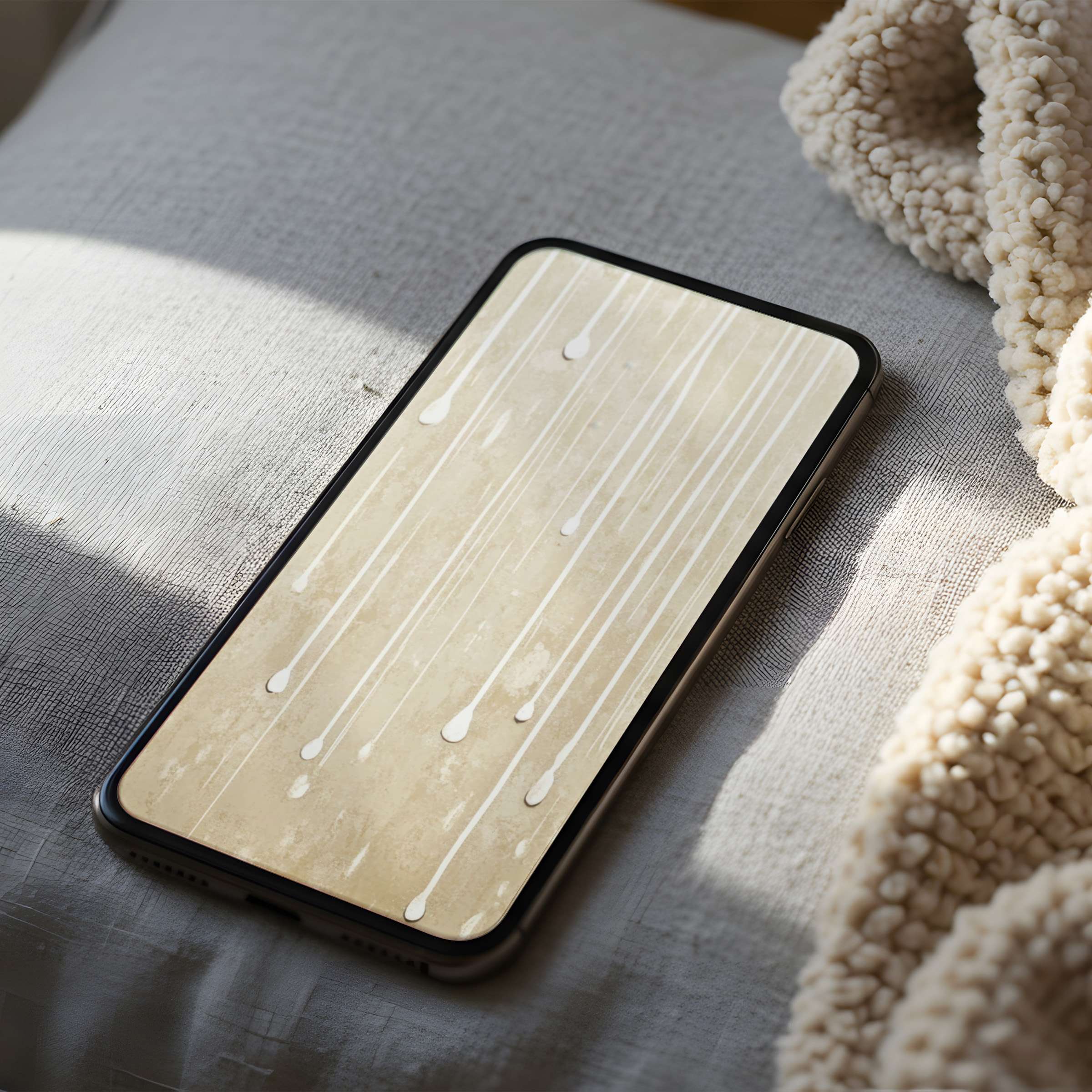 Elegant beige abstract phone wallpaper with white droplets on linen, offering high resolution for iPhone and Android digital downloads