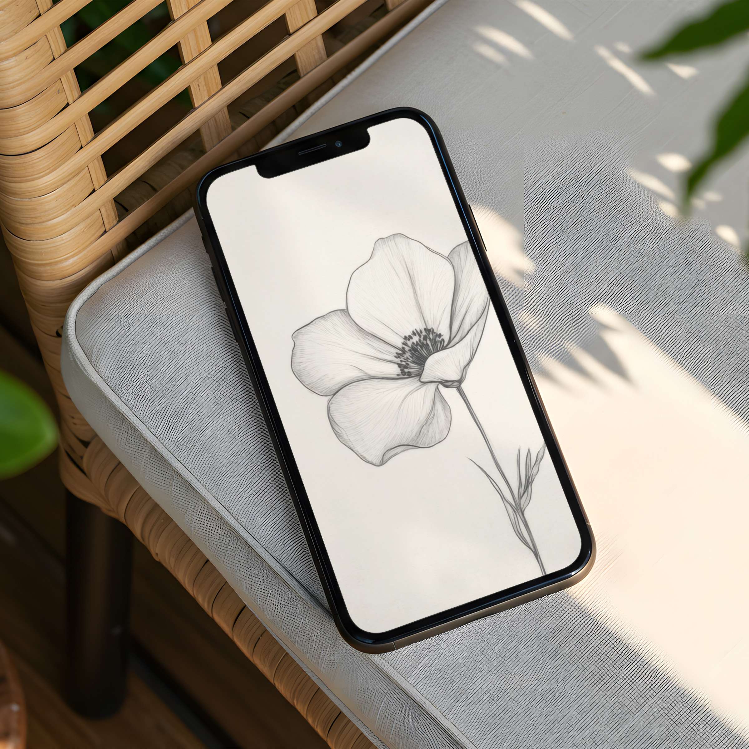 Sleek pencil sketch flower iPhone background evokes calm and elegance fits any phone instant download for mindful inspiration