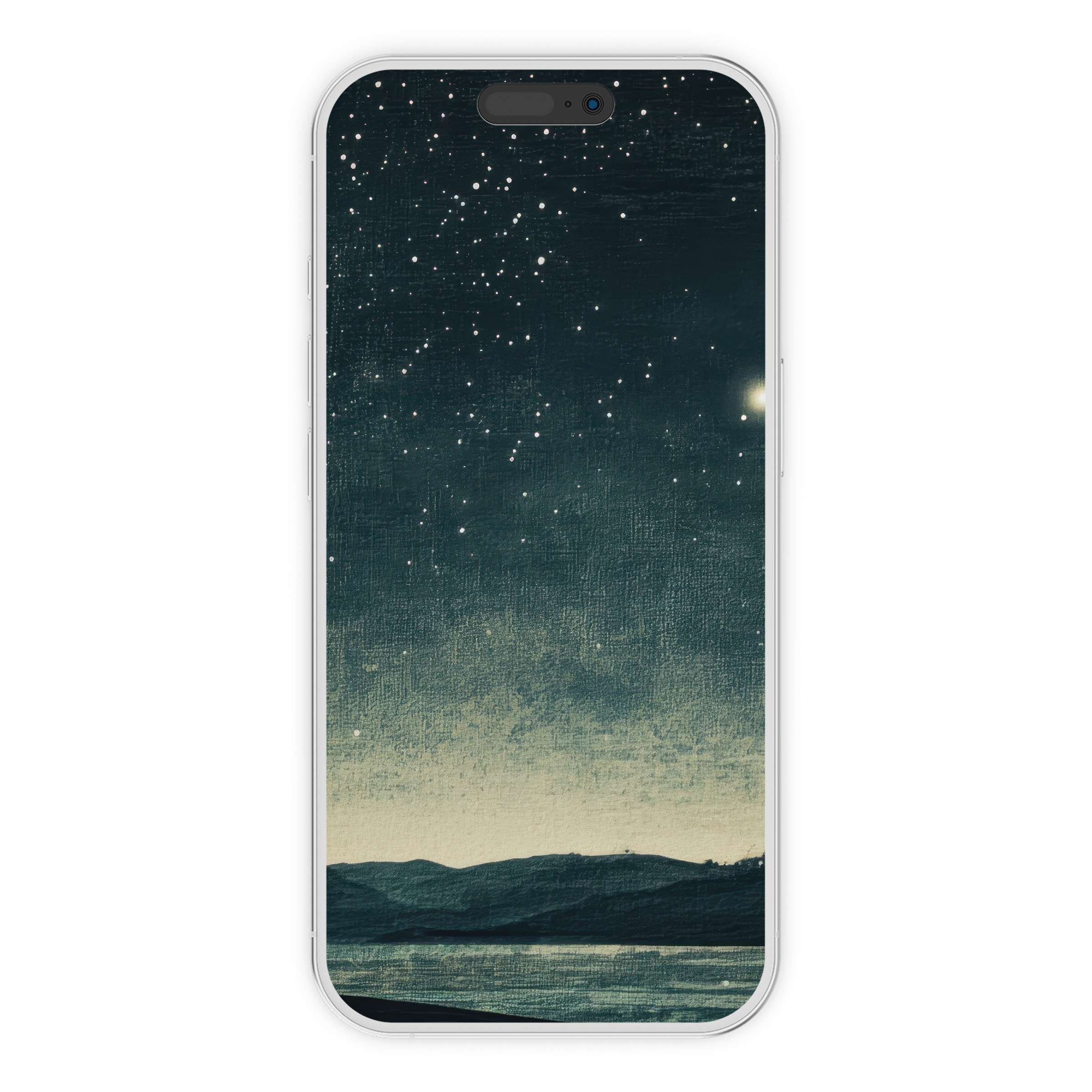 Serene minimalist iPhone wallpaper featuring a starlit sky over tranquil waters, offering a calming digital download for your phone background