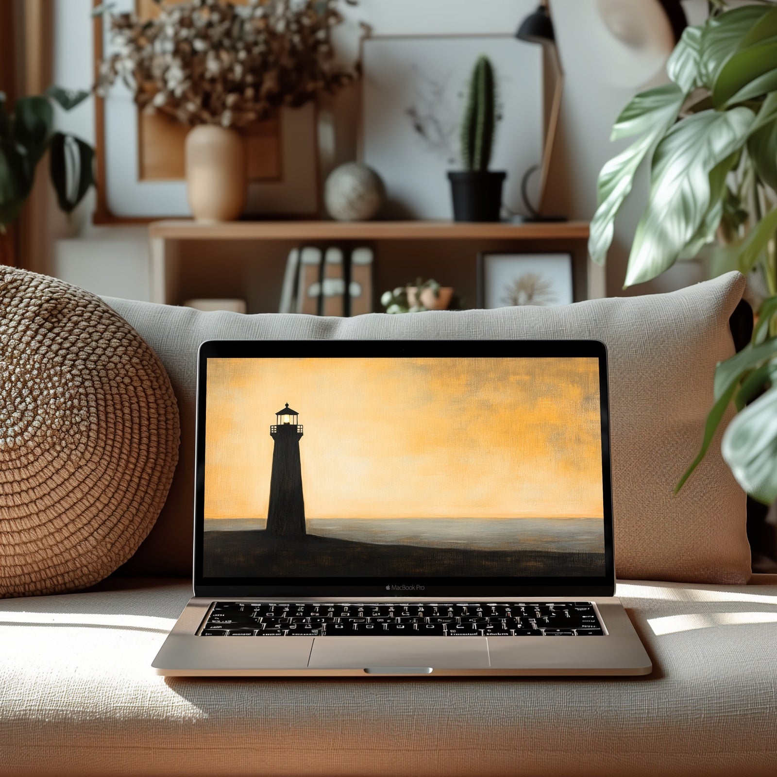 A minimalist desktop wallpaper featuring a dark lighthouse silhouette against a warm golden sky. The soft light and subtle textures evoke calm and focus, making it a perfect digital backdrop for modern, design-conscious workspaces