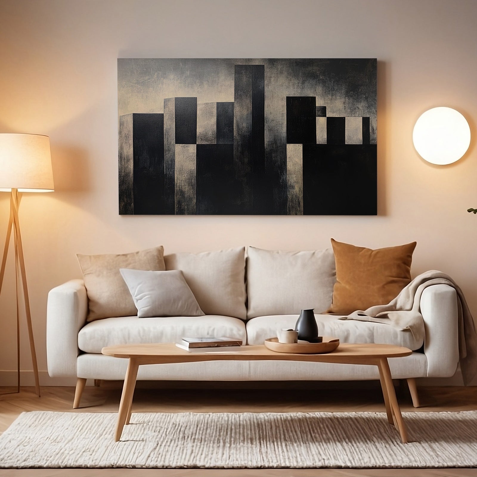 Minimalist digital wall art depicting abstract geometric cityscape shapes in black and beige tones, displayed above a neutral sofa in a softly lit modern living room