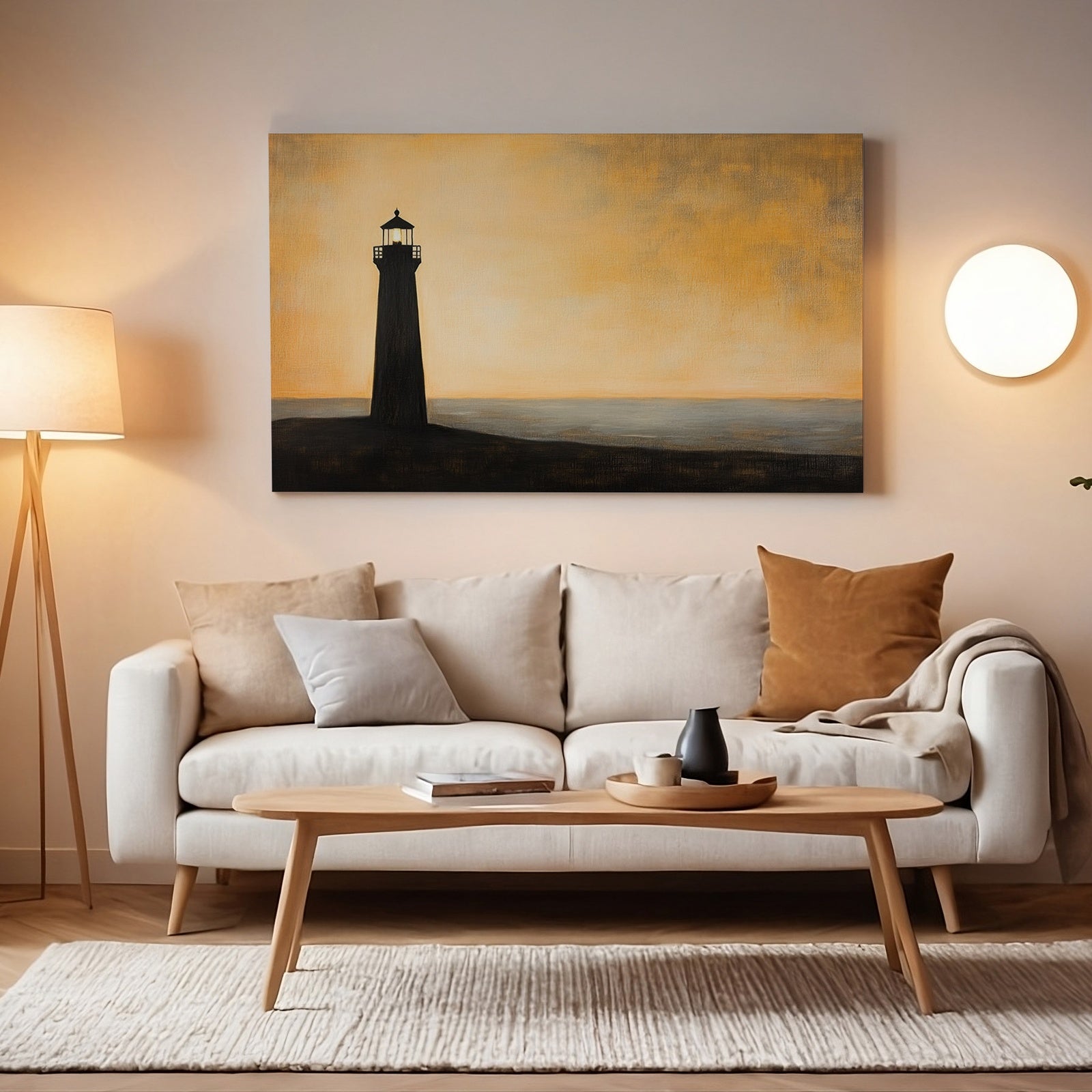 Minimalist printable wall art featuring a lighthouse silhouette at sunset in warm beige and ochre tones, styled in a cozy modern living room with soft lighting and neutral decor