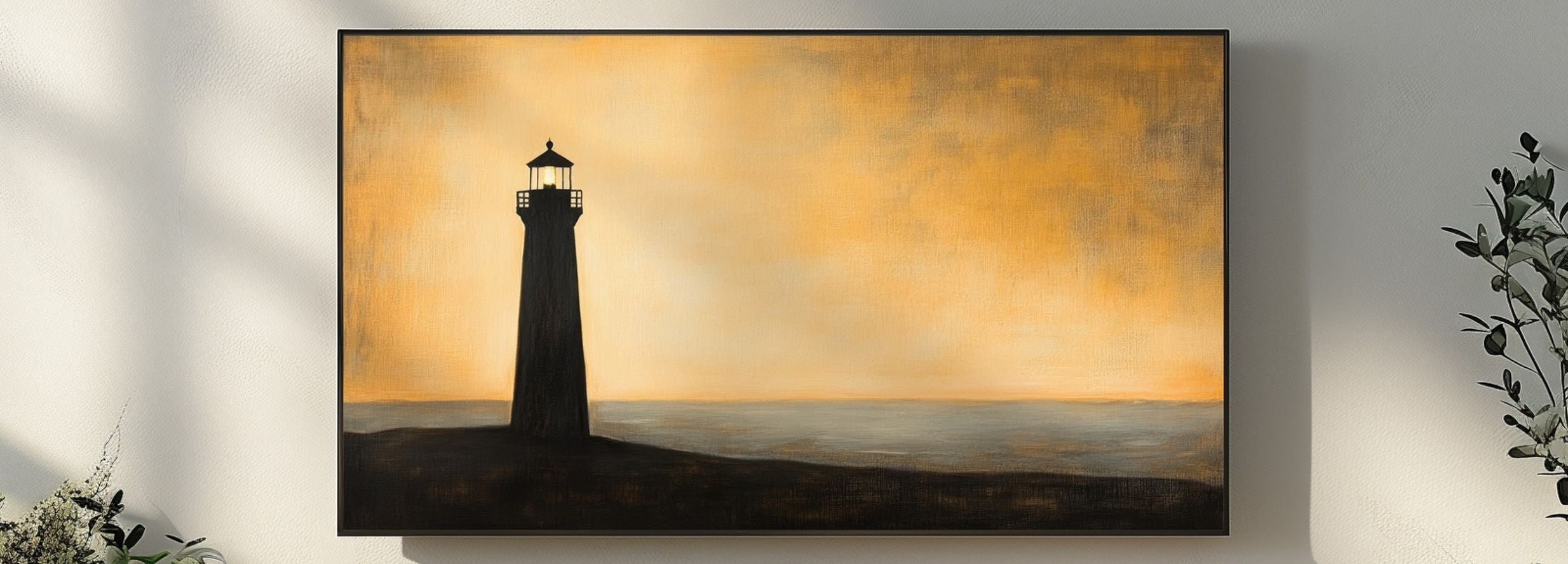 Minimalist lighthouse digital painting at sunset with soft warm sky tones, calming coastal artwork for modern Samsung Frame TV decor