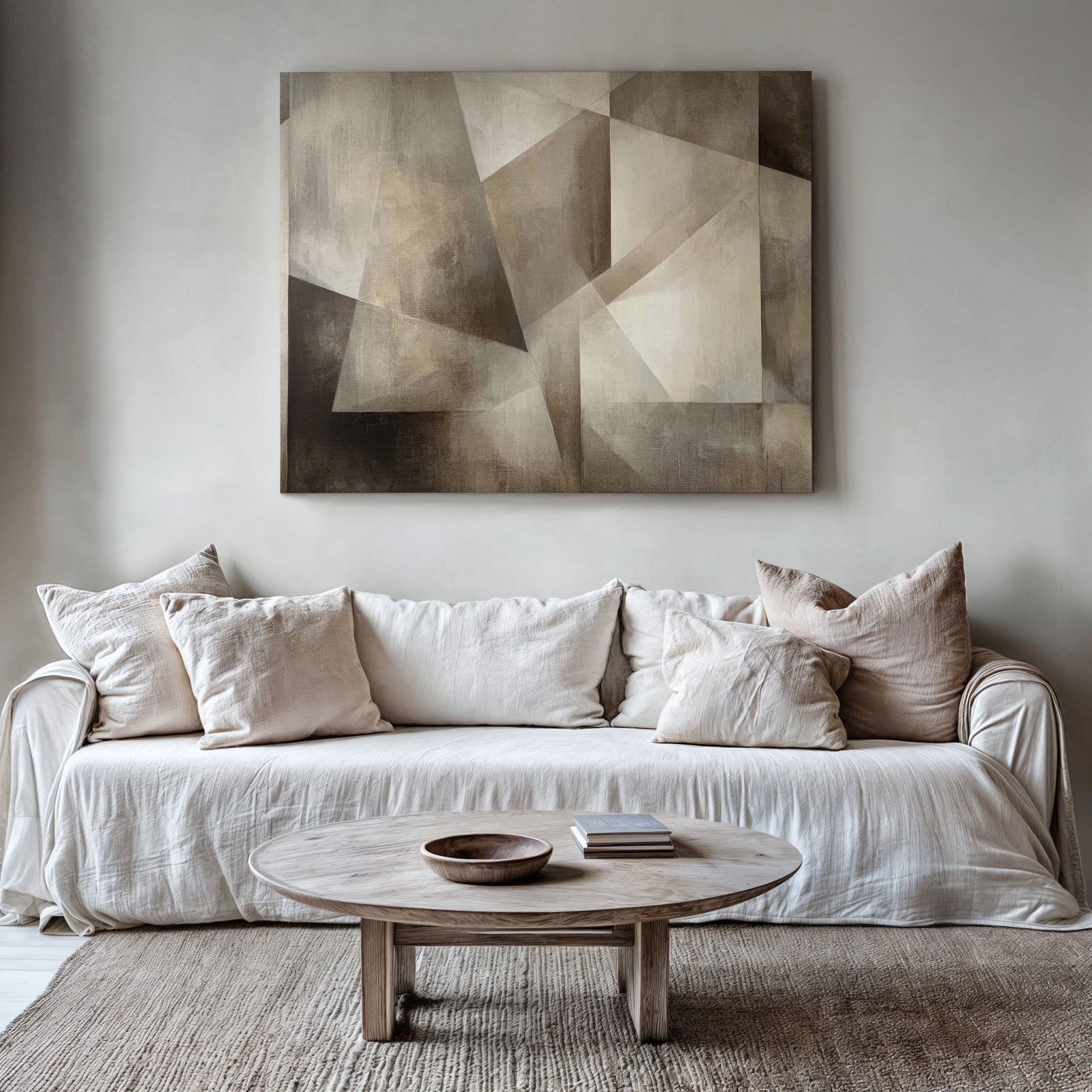 "Minimalist printable wall art with soft geometric shapes in neutral beige and brown tones, styled above a beige sofa in a cozy, modern living room