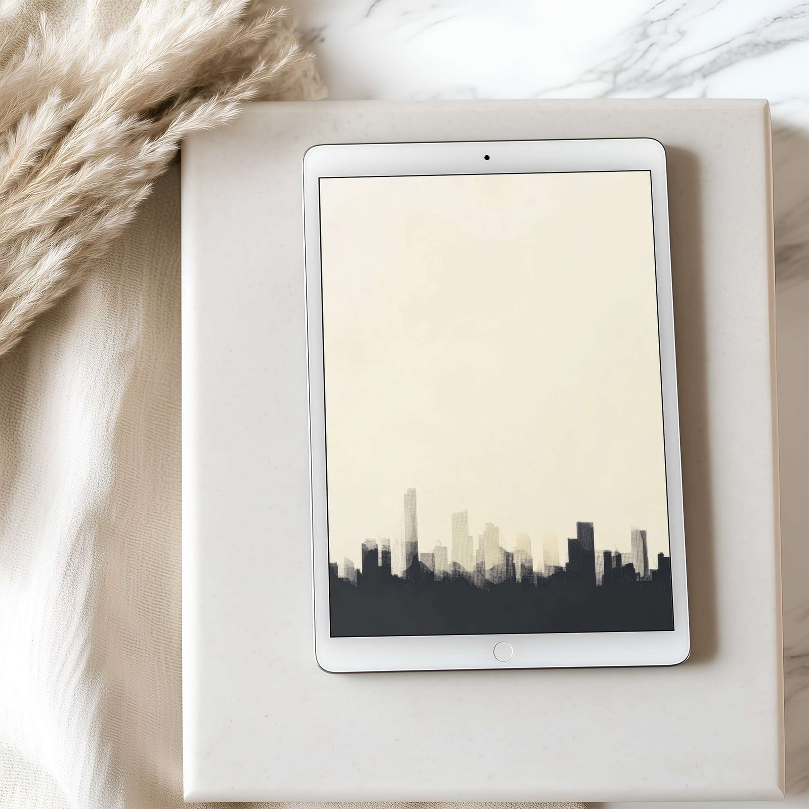 Minimalist iPad wallpaper with a soft beige city skyline, elegant modern tablet background that blends simplicity, balance, and urban sophistication for a calm digital space