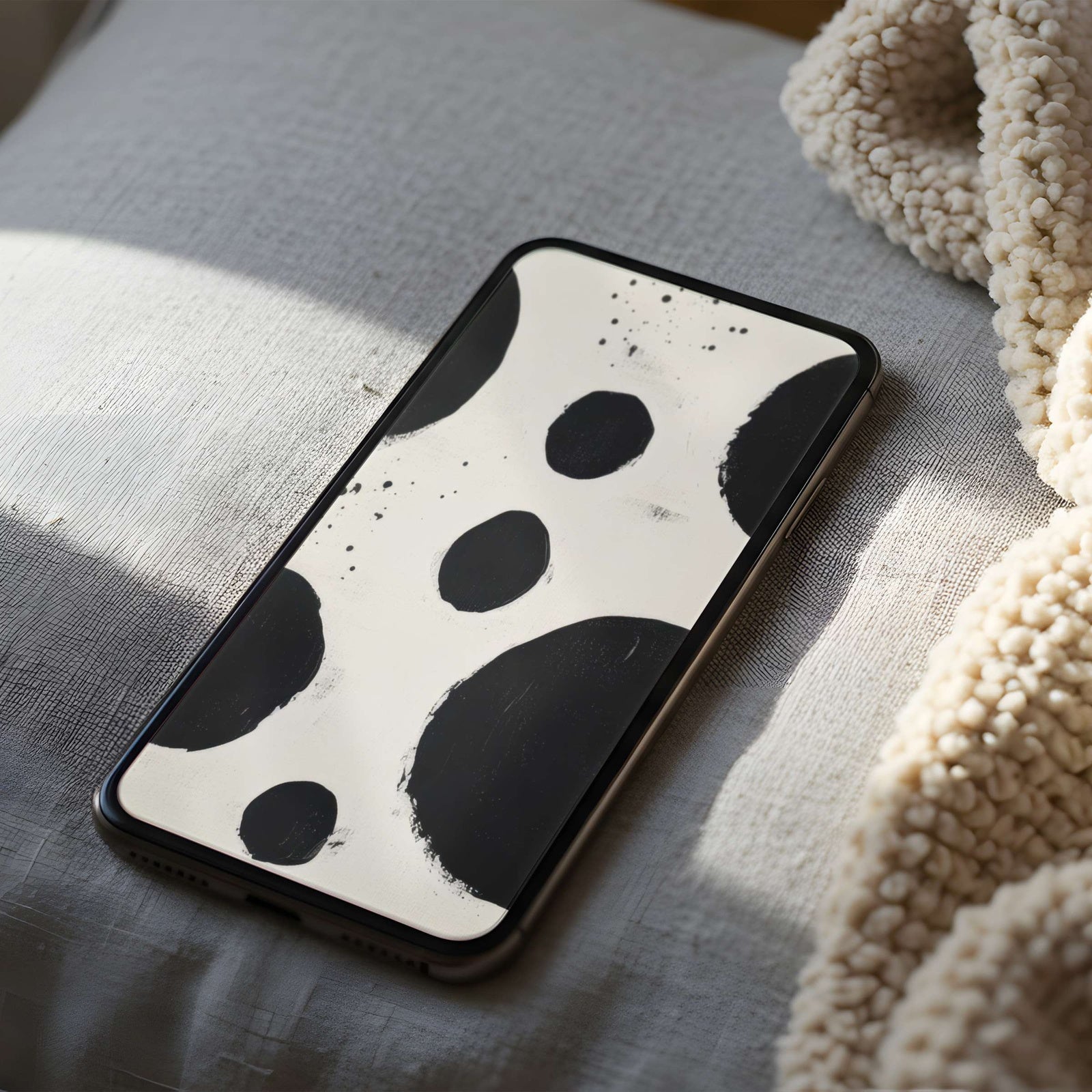 Minimalist iPhone wallpaper featuring bold black abstract circles on a soft cream background, creating a modern, clean, and artistic look