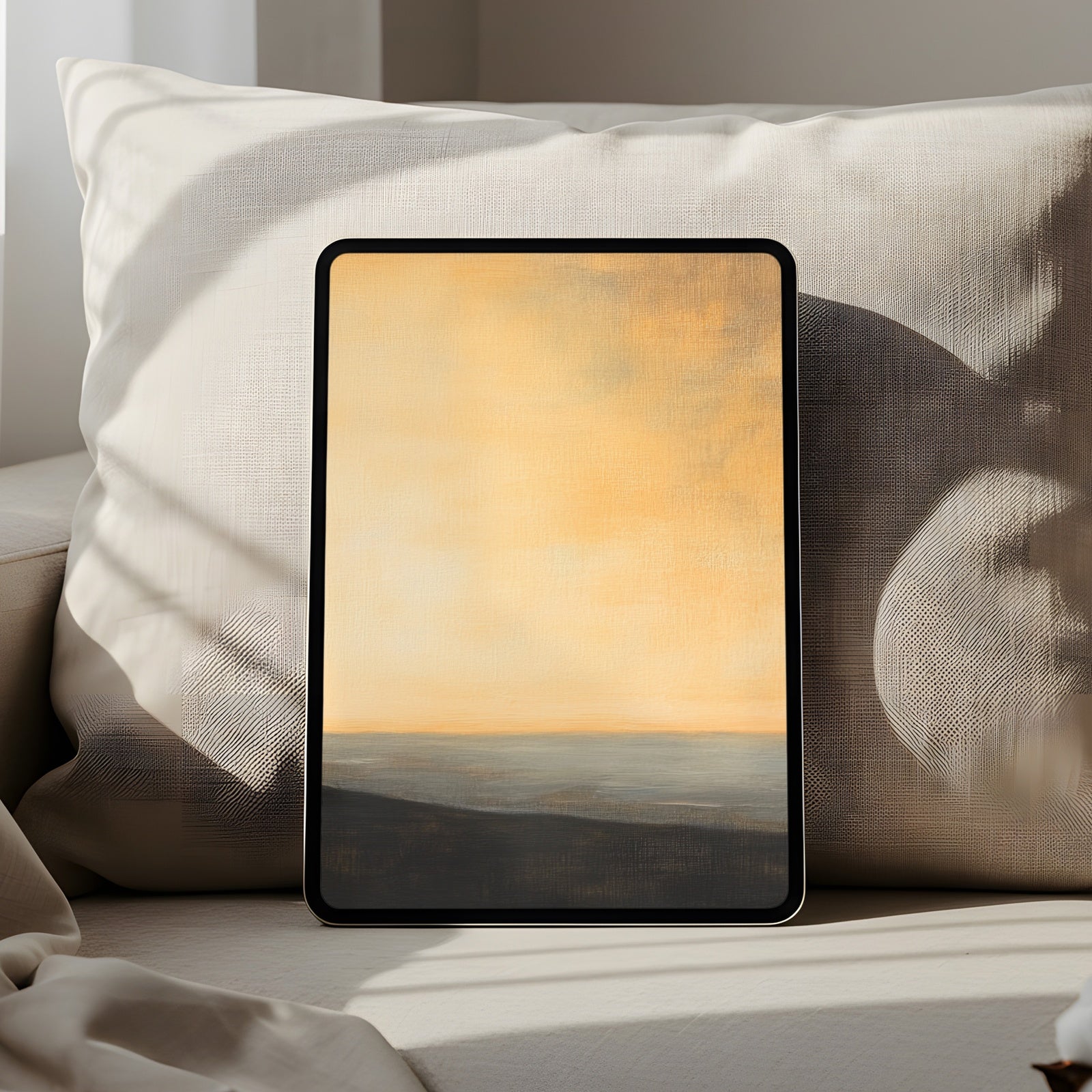 minimalist iPad wallpaper with warm golden horizon tones, serene digital art background for modern homes and calming tablet displays
