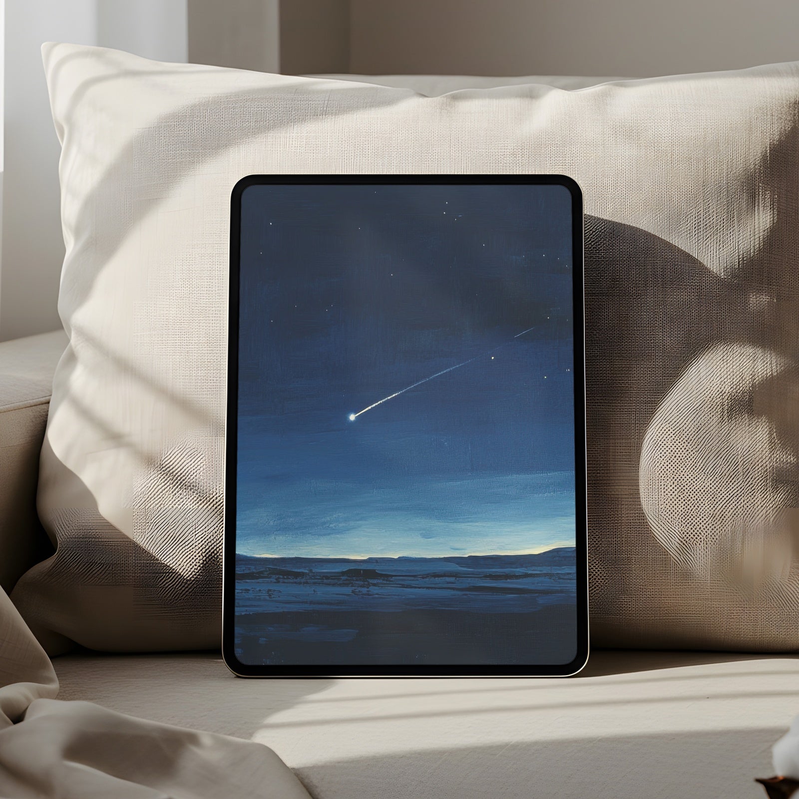 Minimalist iPad wallpaper featuring a serene night sky with a shooting star over calm blue tones - a tranquil tablet background that inspires focus, peace, and modern simplicity
