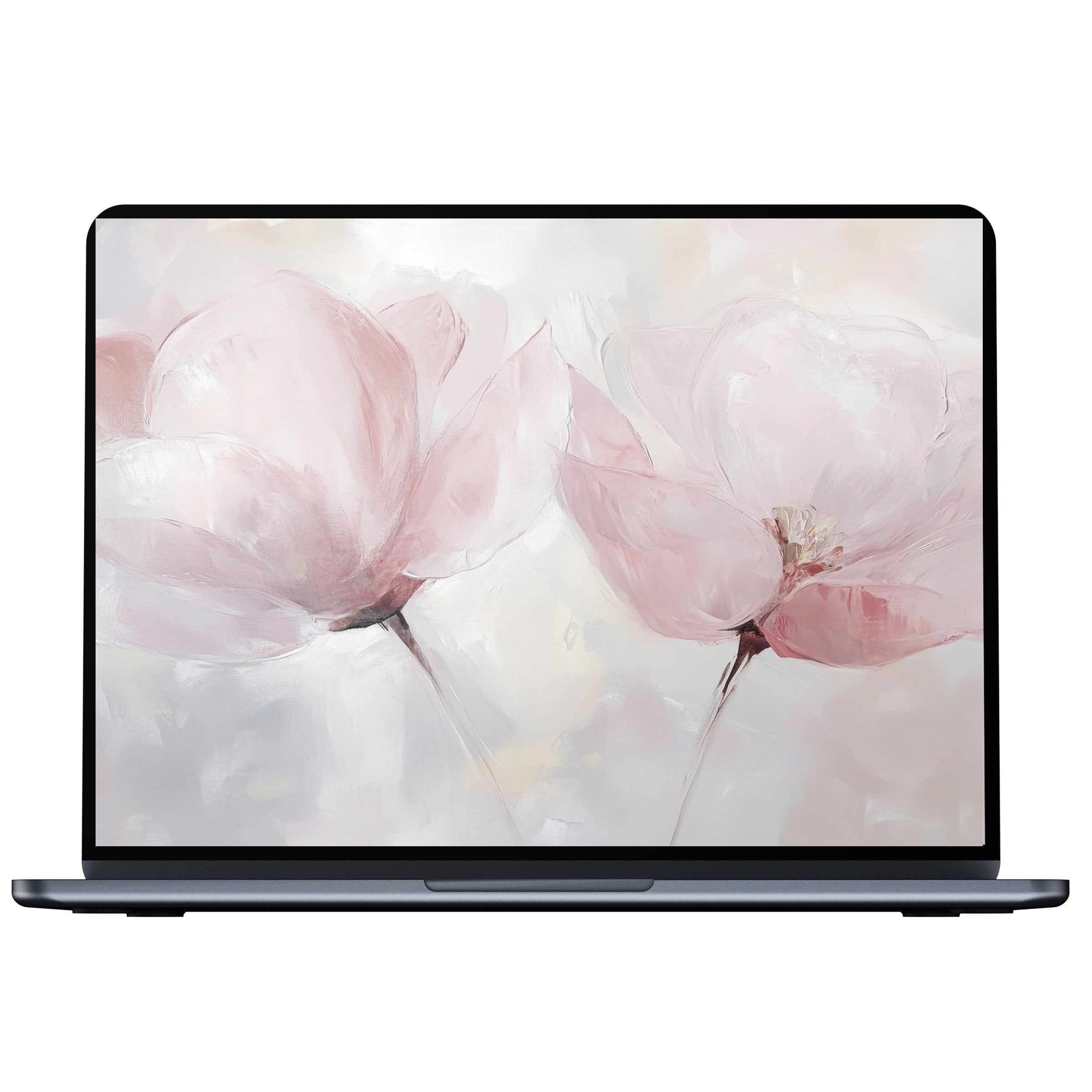 Elegant modern desktop wallpaper with soft pink florals offers a digital download for PC or laptop, inspiring calm and beauty