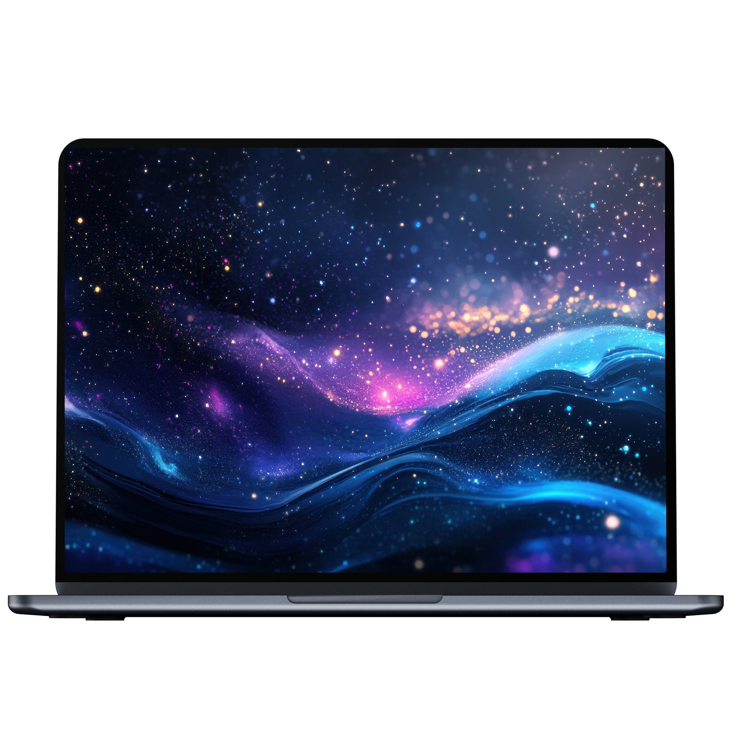 Modern desktop wallpaper with cosmic blue and purple waves creating a serene digital download for PC, Laptop, and Mac