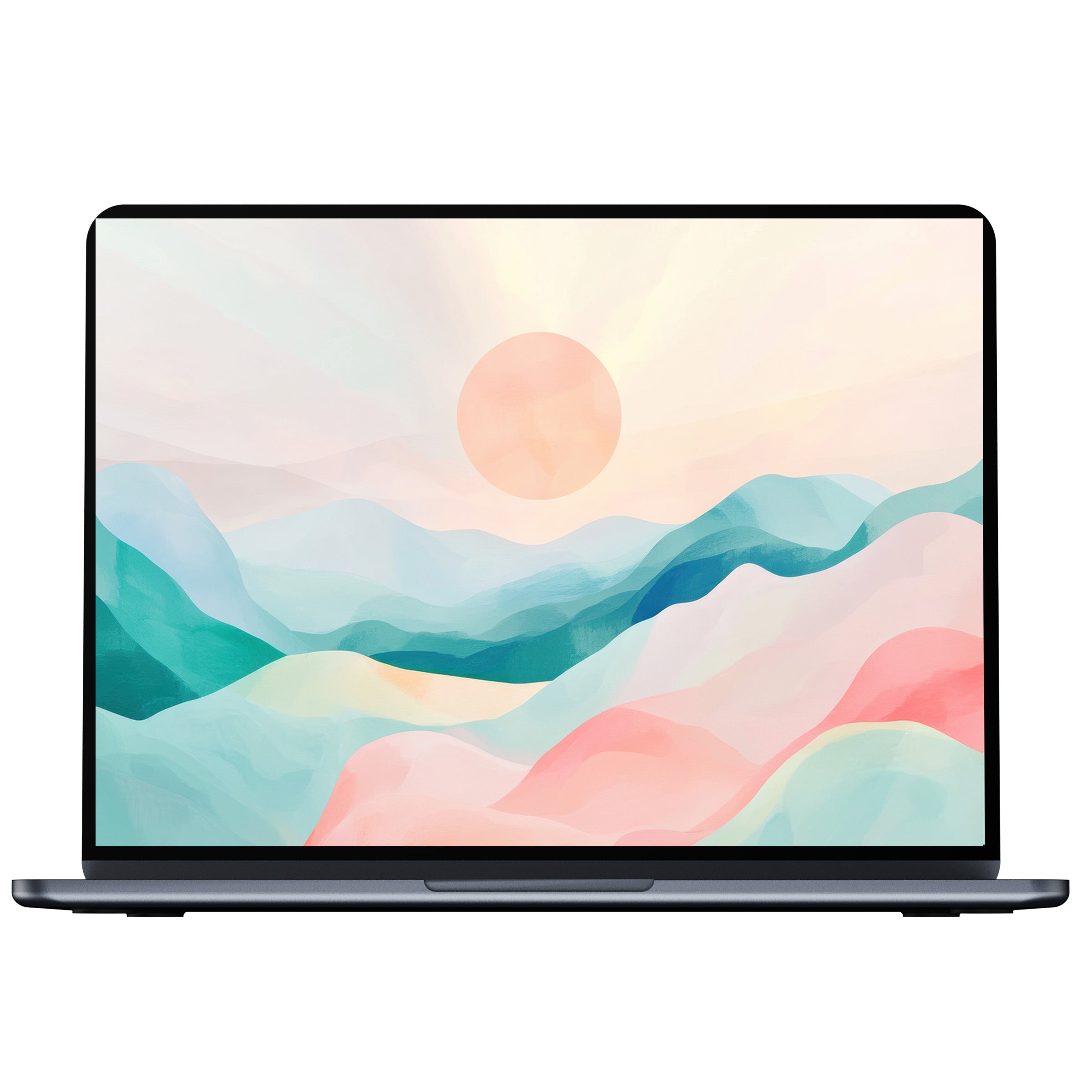 Modern desktop wallpaper featuring serene pastel mountains and sun, evoking calm elegance for PC and laptop digital download