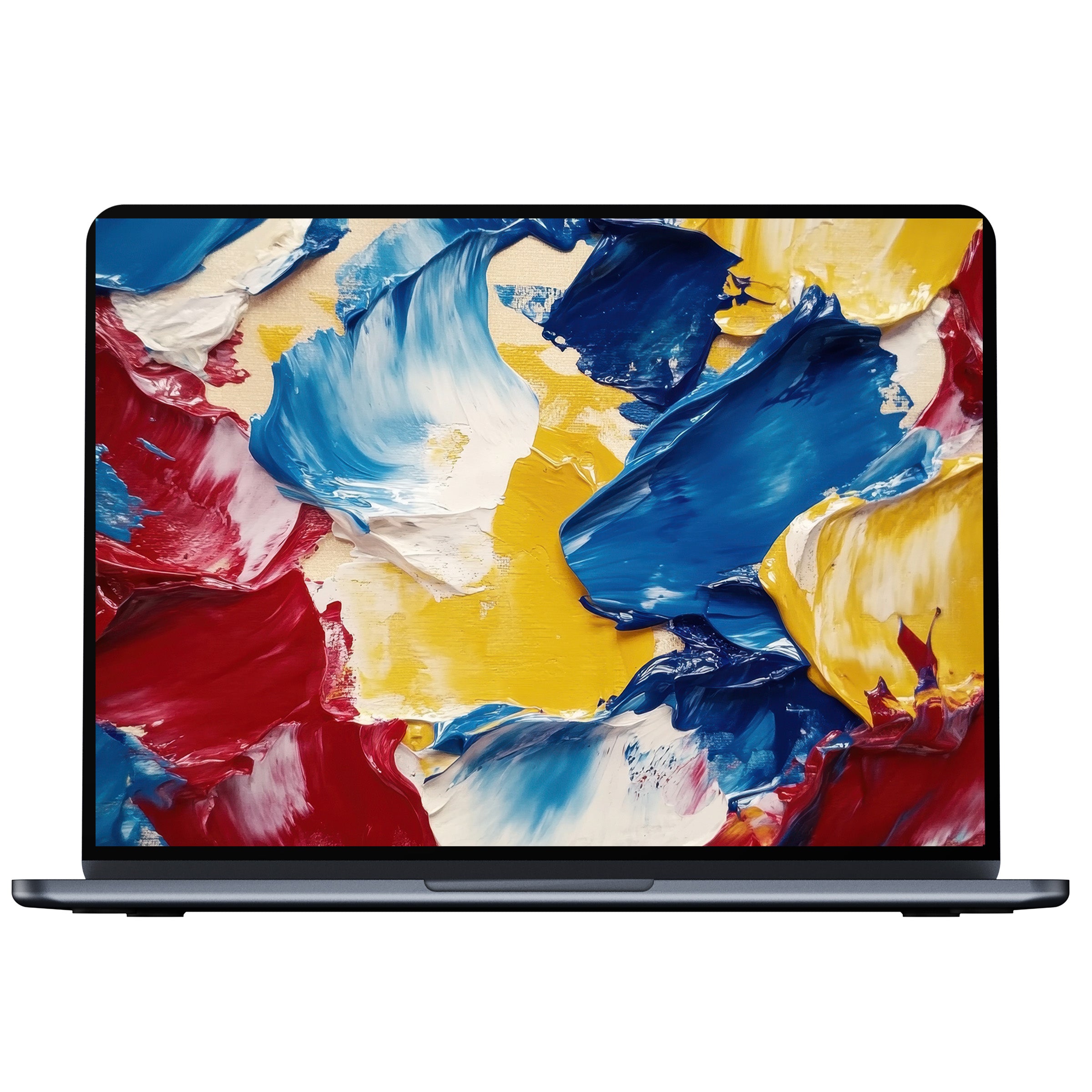 Vibrant abstract modern desktop wallpaper digital download with bold red, blue, yellow brushstrokes for PC, laptop, and Mac users
