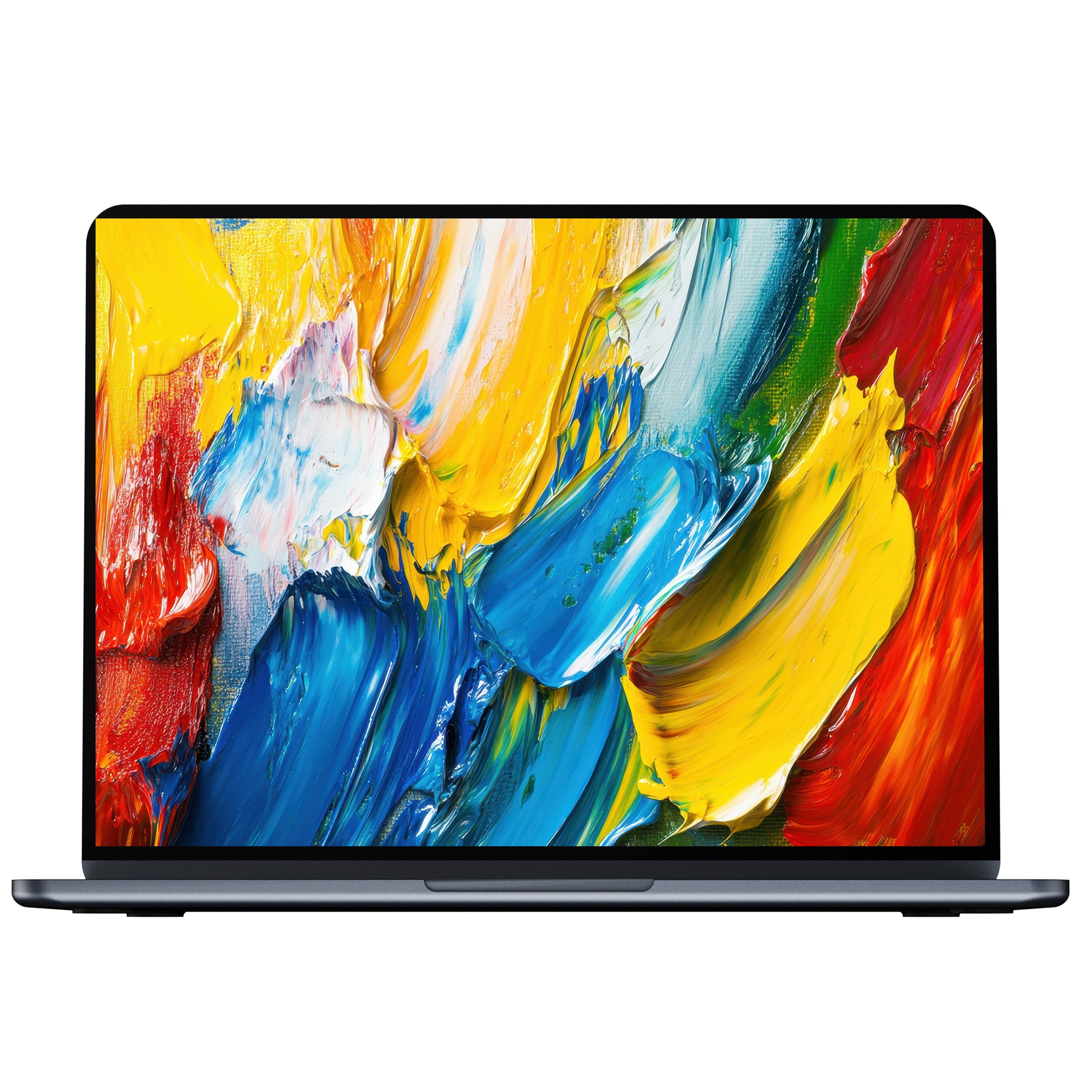 Vibrant modern desktop wallpaper digital download with bold brush strokes in blue, yellow, red for PC or laptop elegance